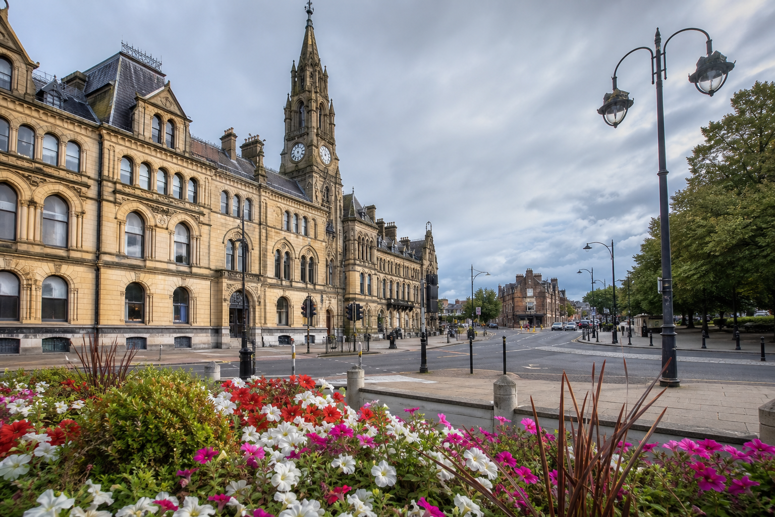 Historic building with a clock tower and colorful flowers in the foreground on a cloudy day.