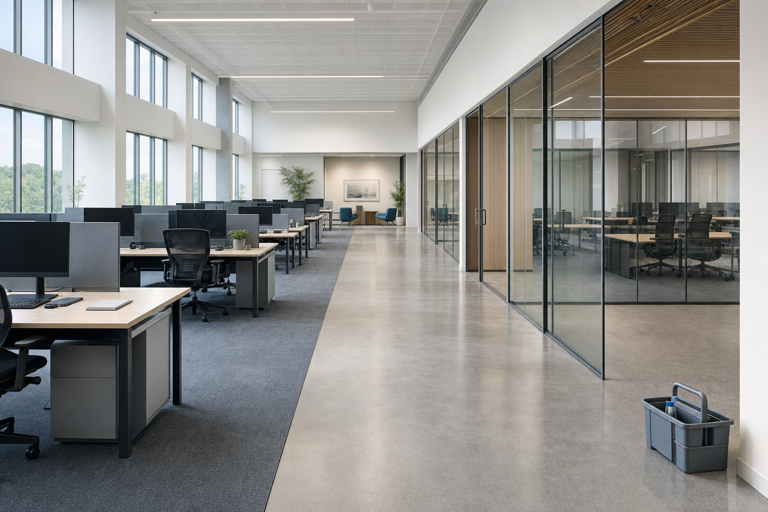 Spacious modern office with open-plan desks, glass-walled meeting rooms, and a cleaning caddy on the floor.