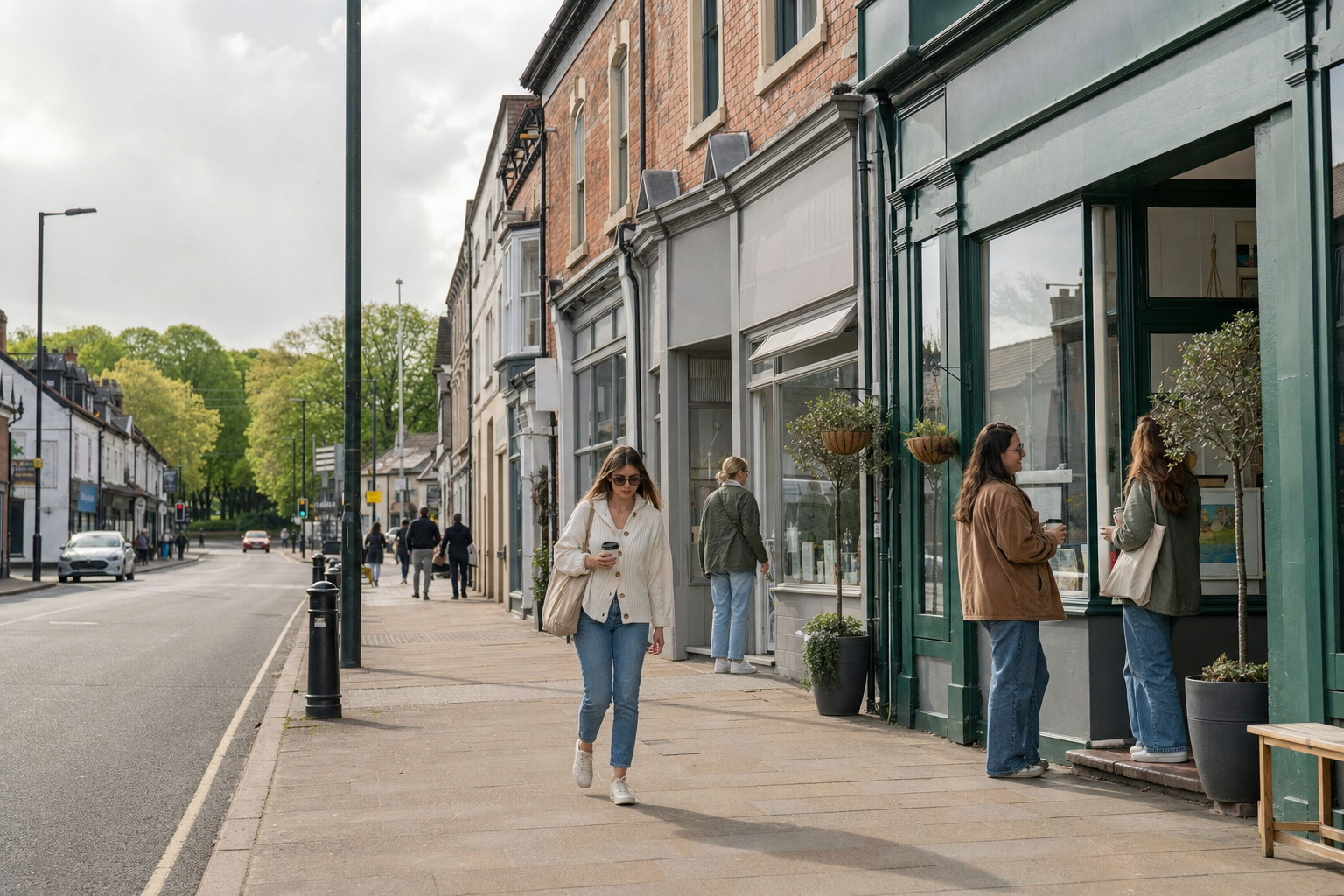 A woman walks along a sunny street with shops, holding a coffee, while others browse store displays.