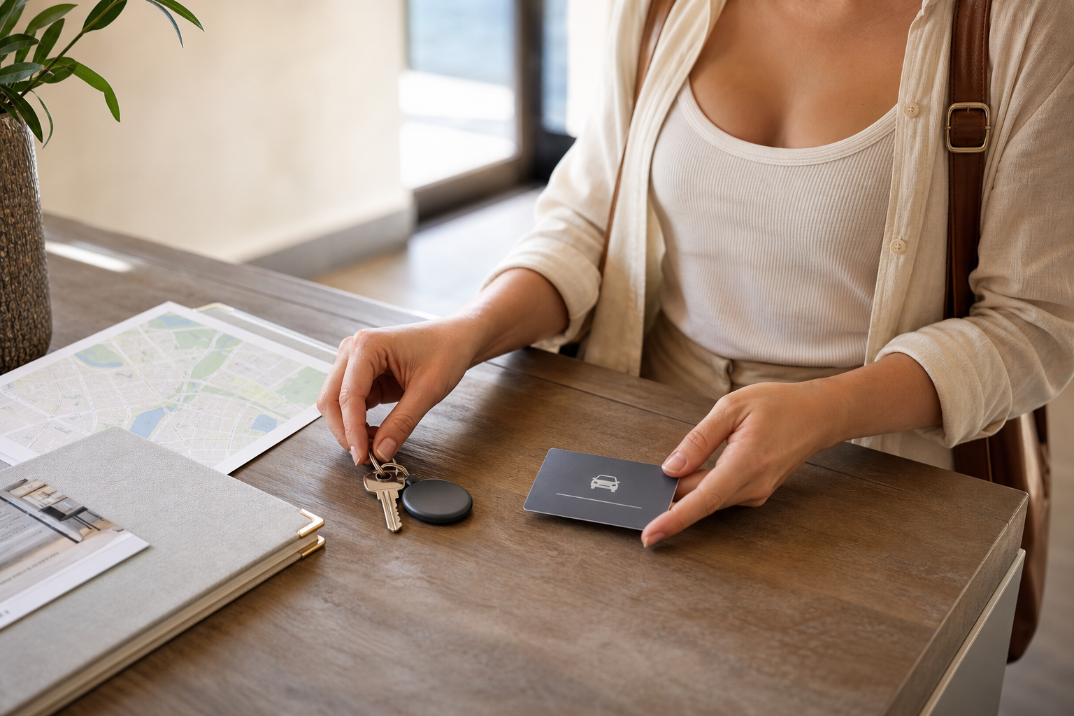 A person holds a key card and car keys over a table with a map and notebook.