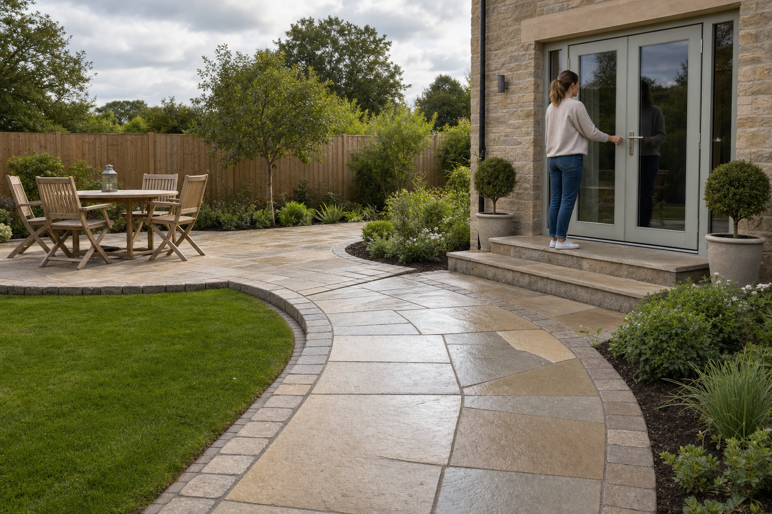 A woman opens patio doors leading from a house to a well-maintained garden with a table and chairs.