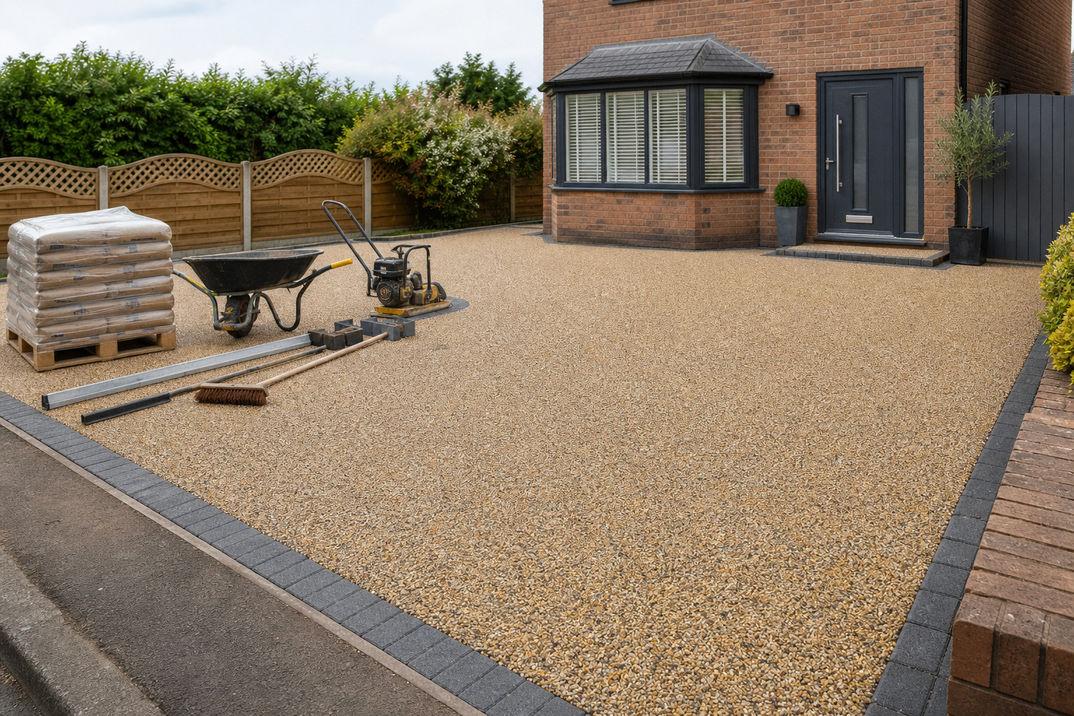 Newly paved gravel driveway with tools, materials, and a brick house entrance.