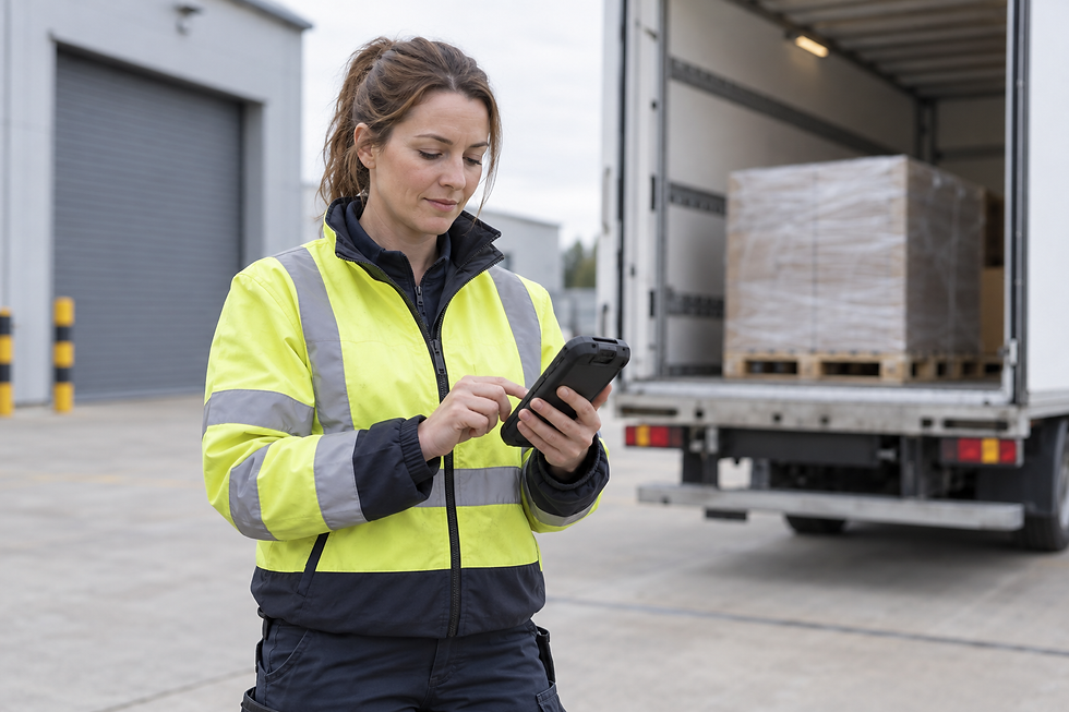 A woman in a hi-vis jacket uses a mobile device near an open delivery truck loaded with pallets.