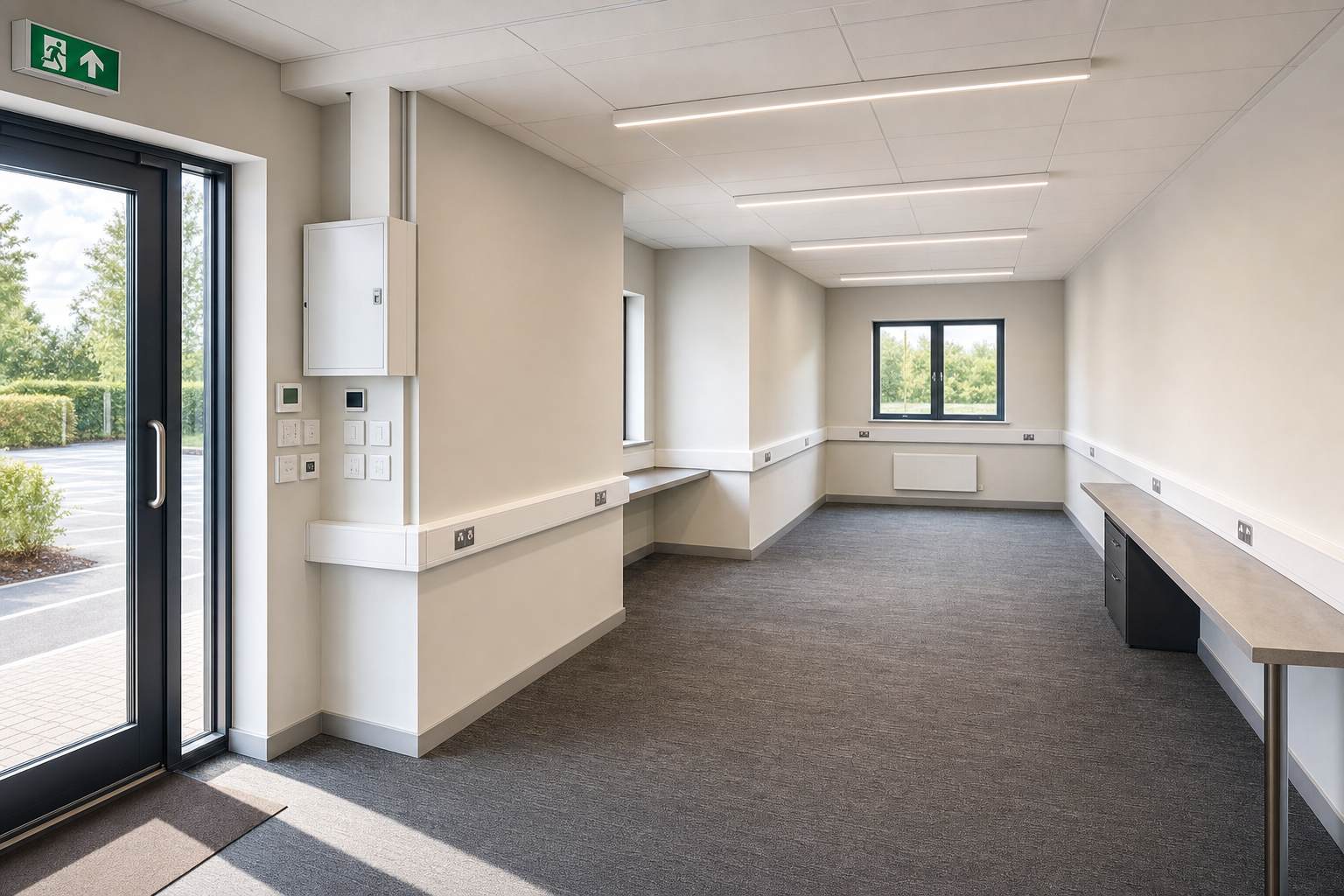 Empty modern office space with grey carpet, large windows, and a door leading outside.