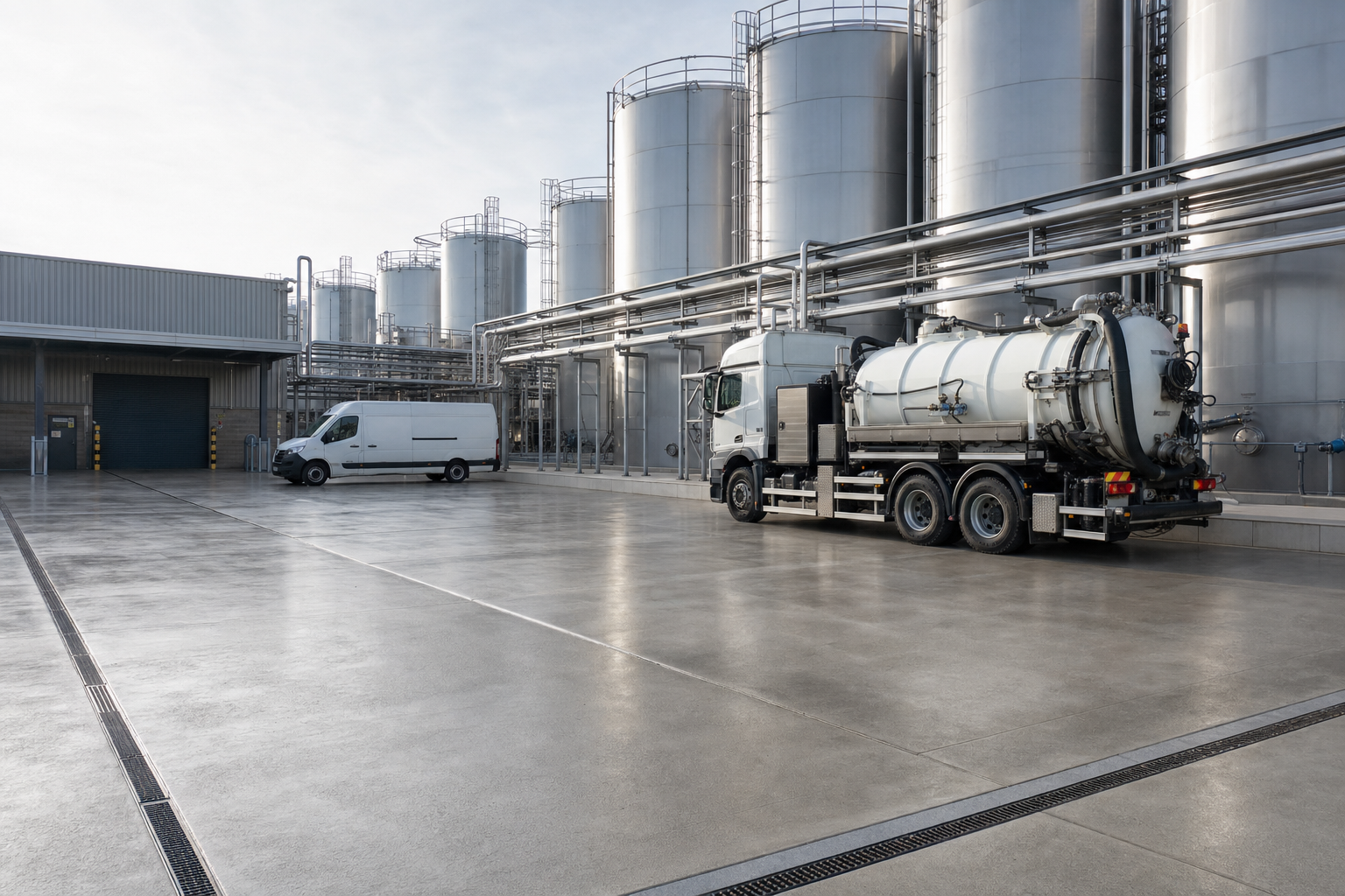A tanker lorry and a white van are parked in front of large industrial storage tanks and a warehouse.