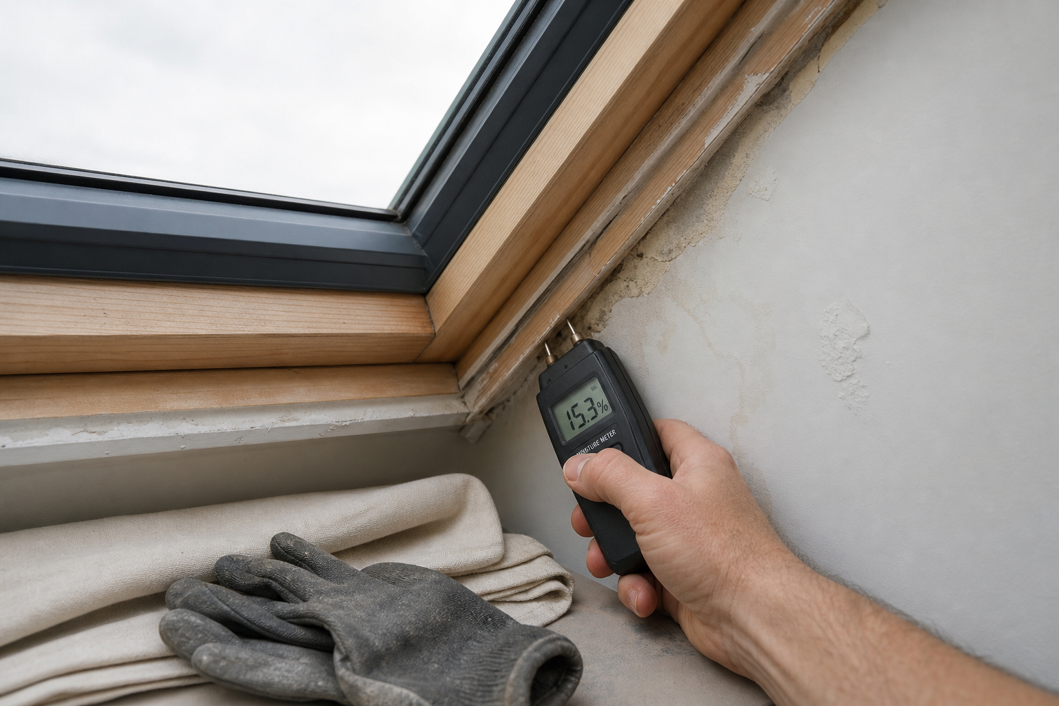 A hand uses a moisture meter to measure damp levels on a wall near a skylight window, with a pair of gloves nearby.