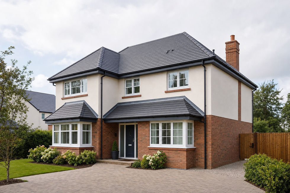 A modern two-storey house with a grey tiled roof, brick exterior, and a neat front garden.