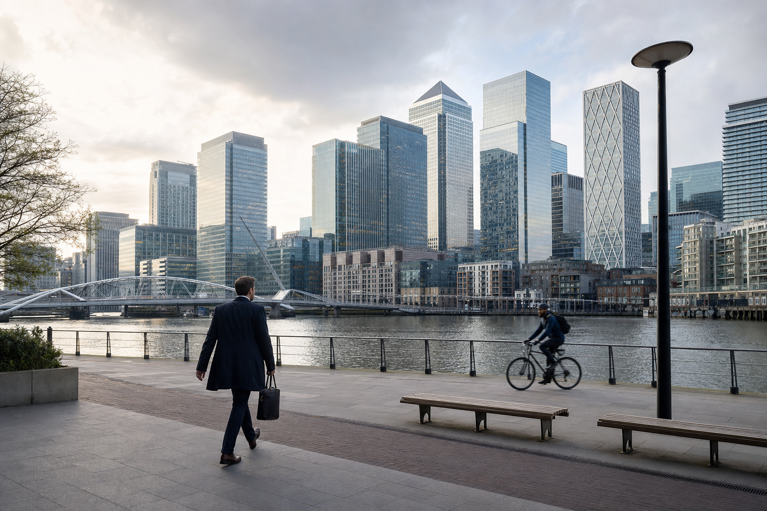 A man walks along a riverside path in front of the London skyline, with a cyclist passing by.
