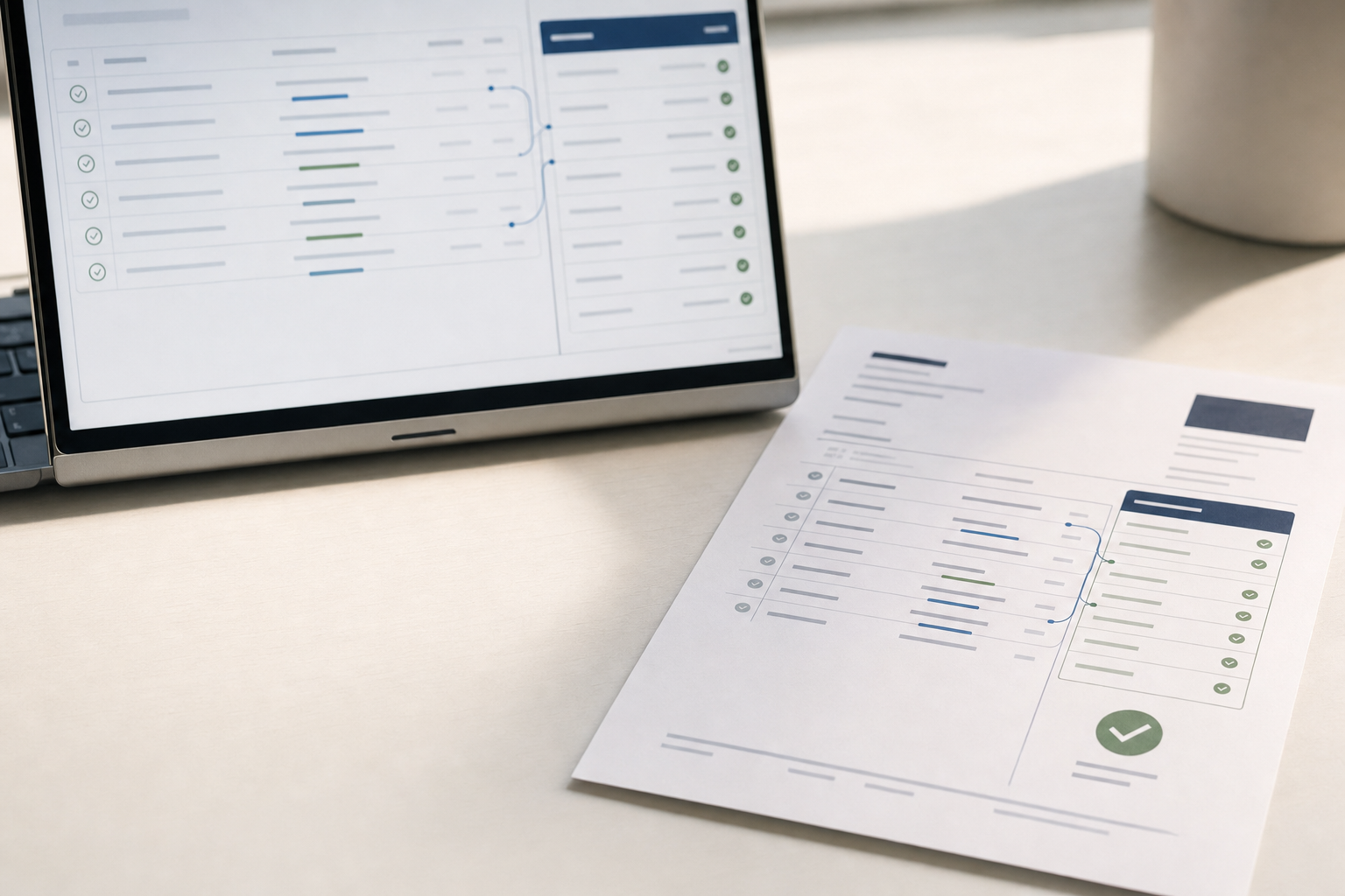 A laptop screen and printed document display a matching flowchart with coloured lines and checkmarks.