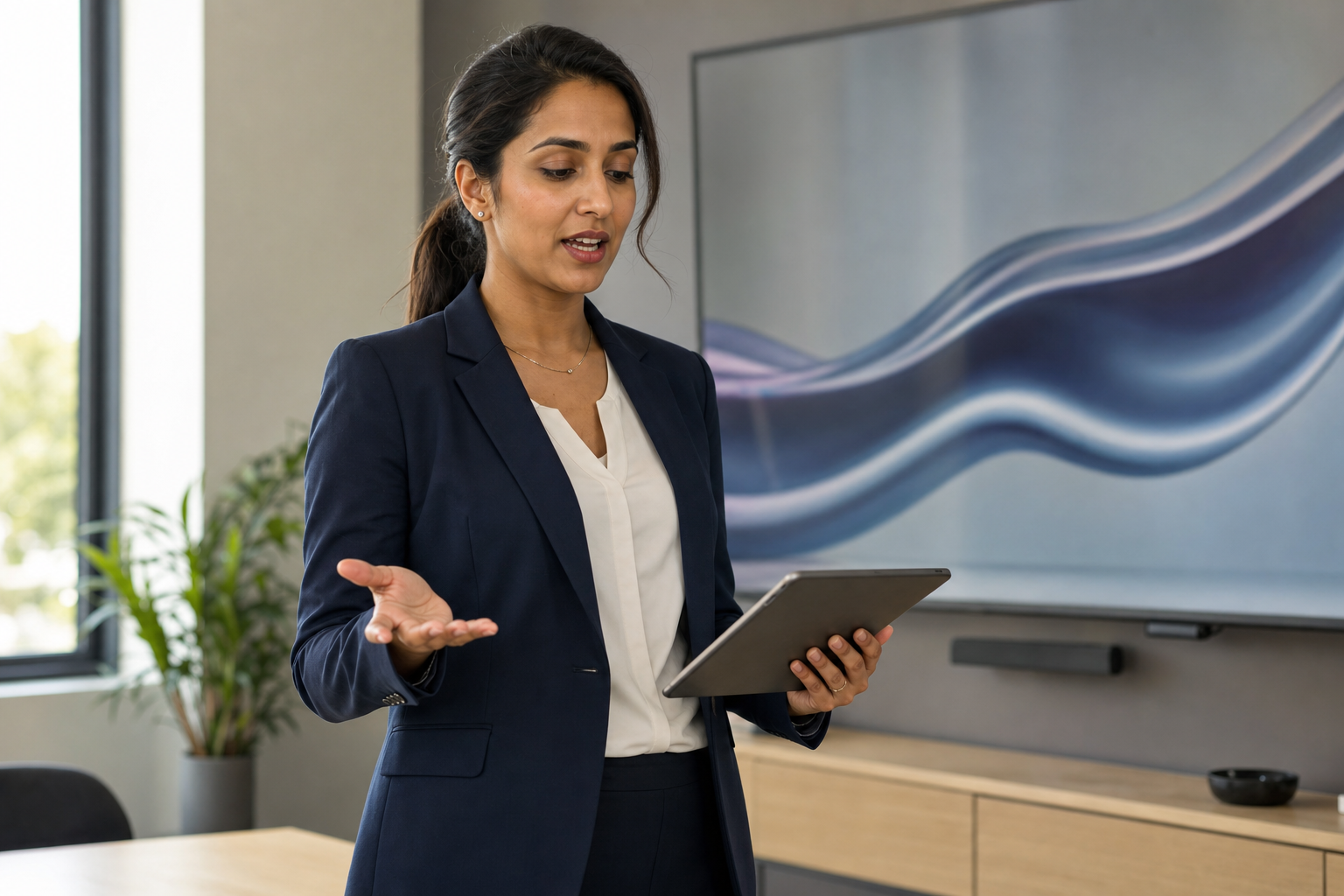 A woman in a smart suit gestures while holding a tablet during a presentation in a modern office setting.