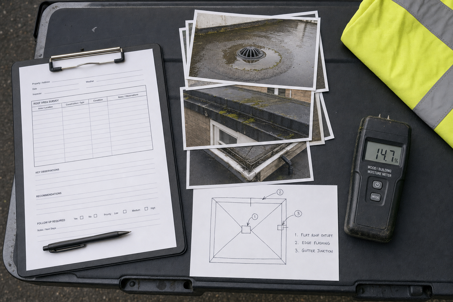 Roof survey setup with clipboard, moisture meter showing 14.7%, yellow safety vest, and photos of roof areas.