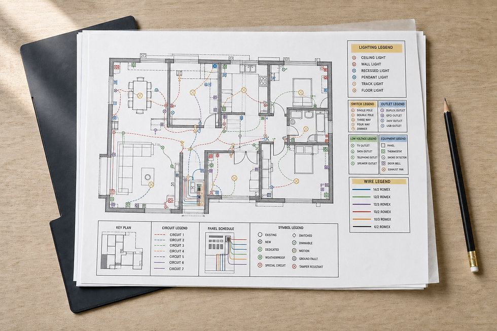 An electrical schematic layout on a desk, displaying detailed wiring and component symbols with legends and circuits.