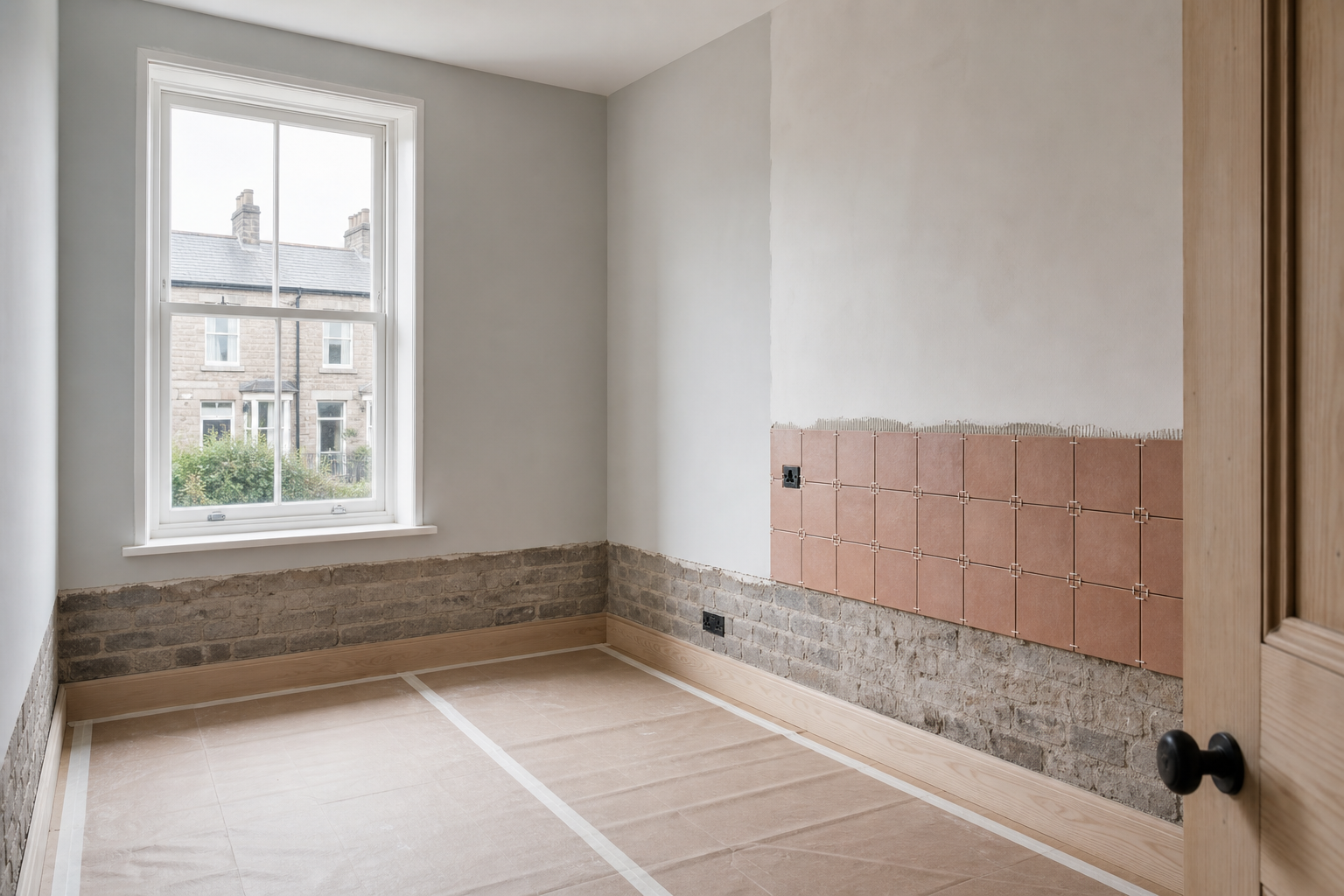 Unfinished room with brick wall and partially tiled section, wooden flooring covered for protection, and a large window.