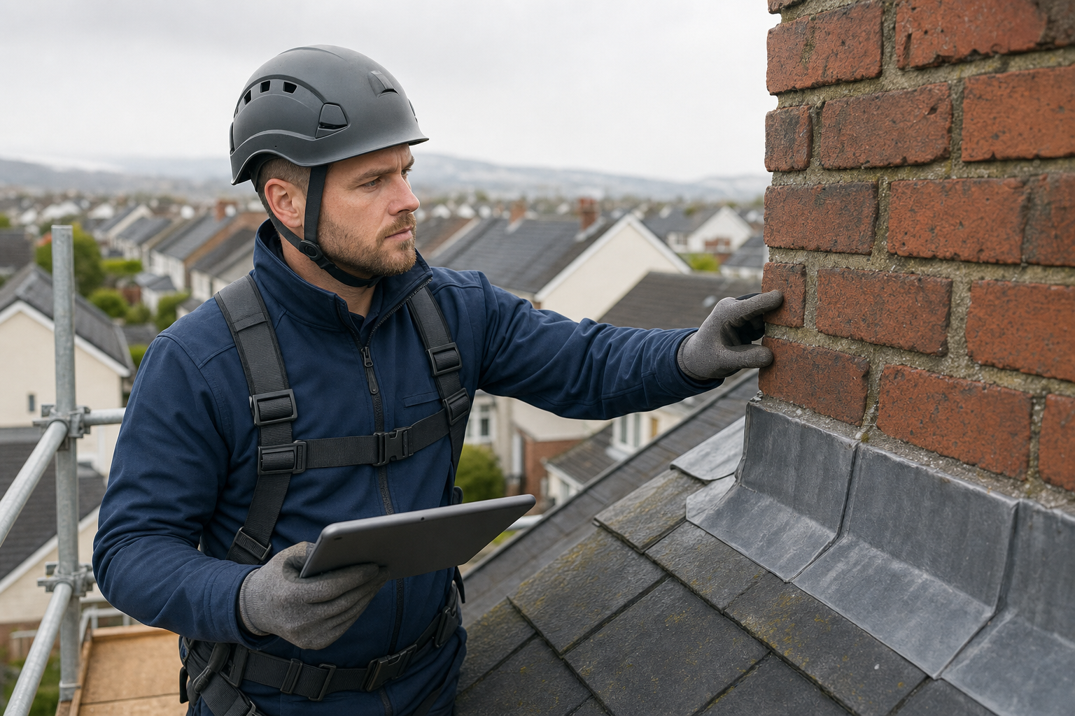 A man in protective gear inspects a brick chimney on a rooftop, holding a tablet.