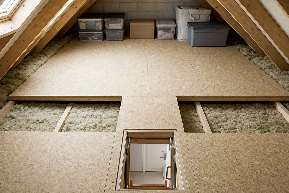 A neatly boarded loft floor with an open hatch and storage boxes along the walls.