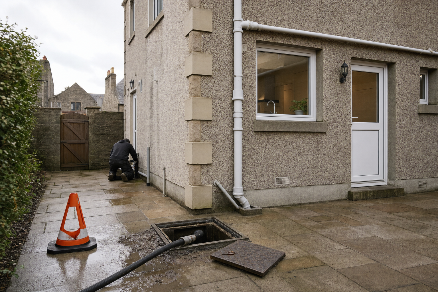 A person kneels by a drainage pipe on a wet patio beside a house, with an open manhole and an orange cone nearby.