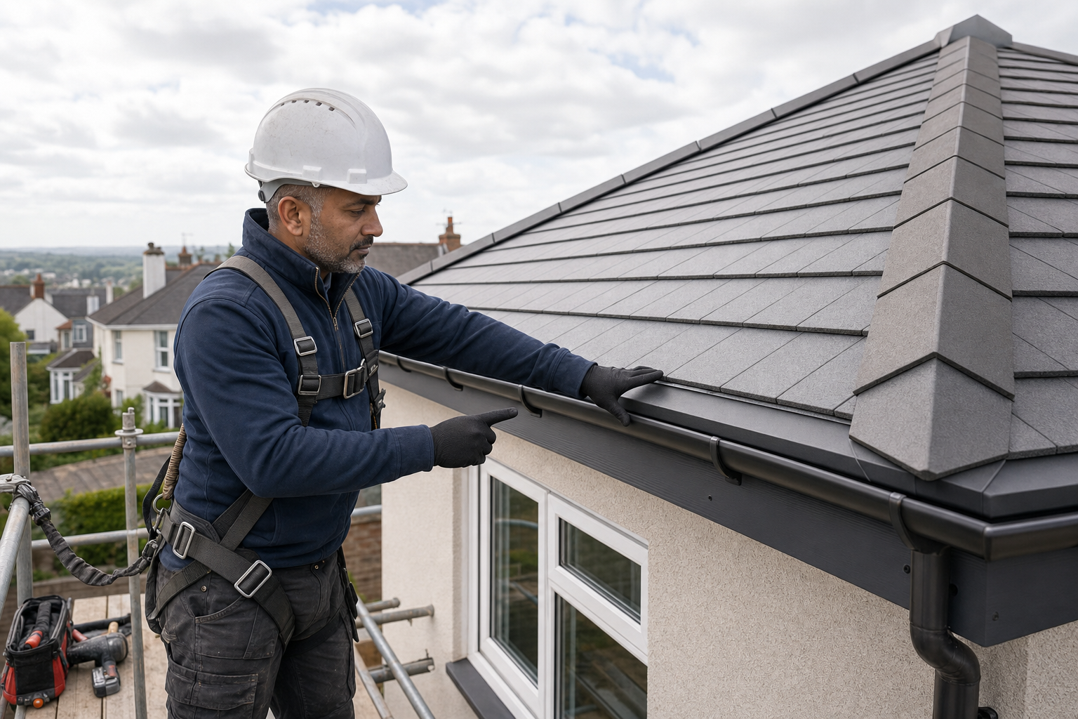 Roofer in protective gear inspecting the edge of a modern tiled roof on scaffolding.