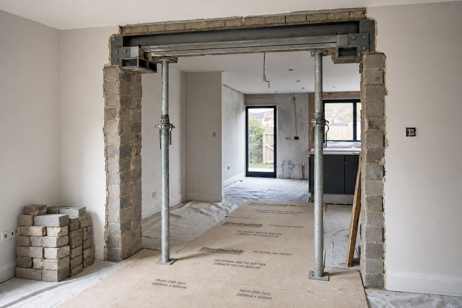 Interior under renovation showing an exposed beam supported by metal poles with bricks and construction materials nearby.