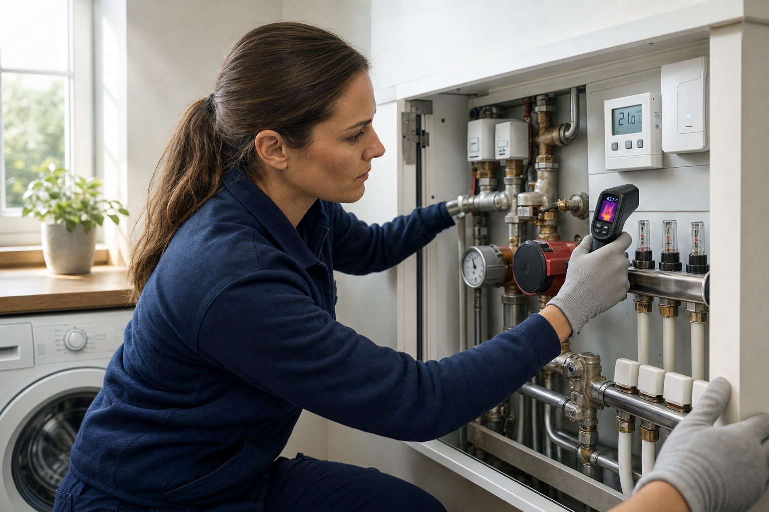 A technician in blue overalls uses a thermal camera to inspect a heating system panel in a utility room.