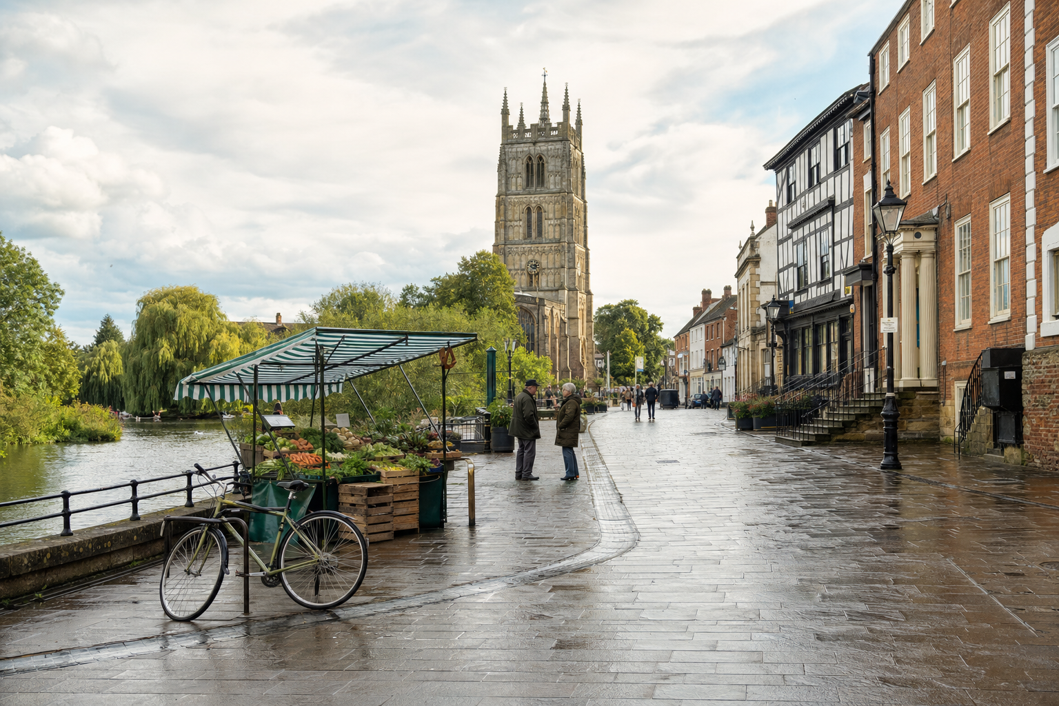 A street market scene with a bicycle and a fruit stall, set near an old church and riverside path on a cloudy day.