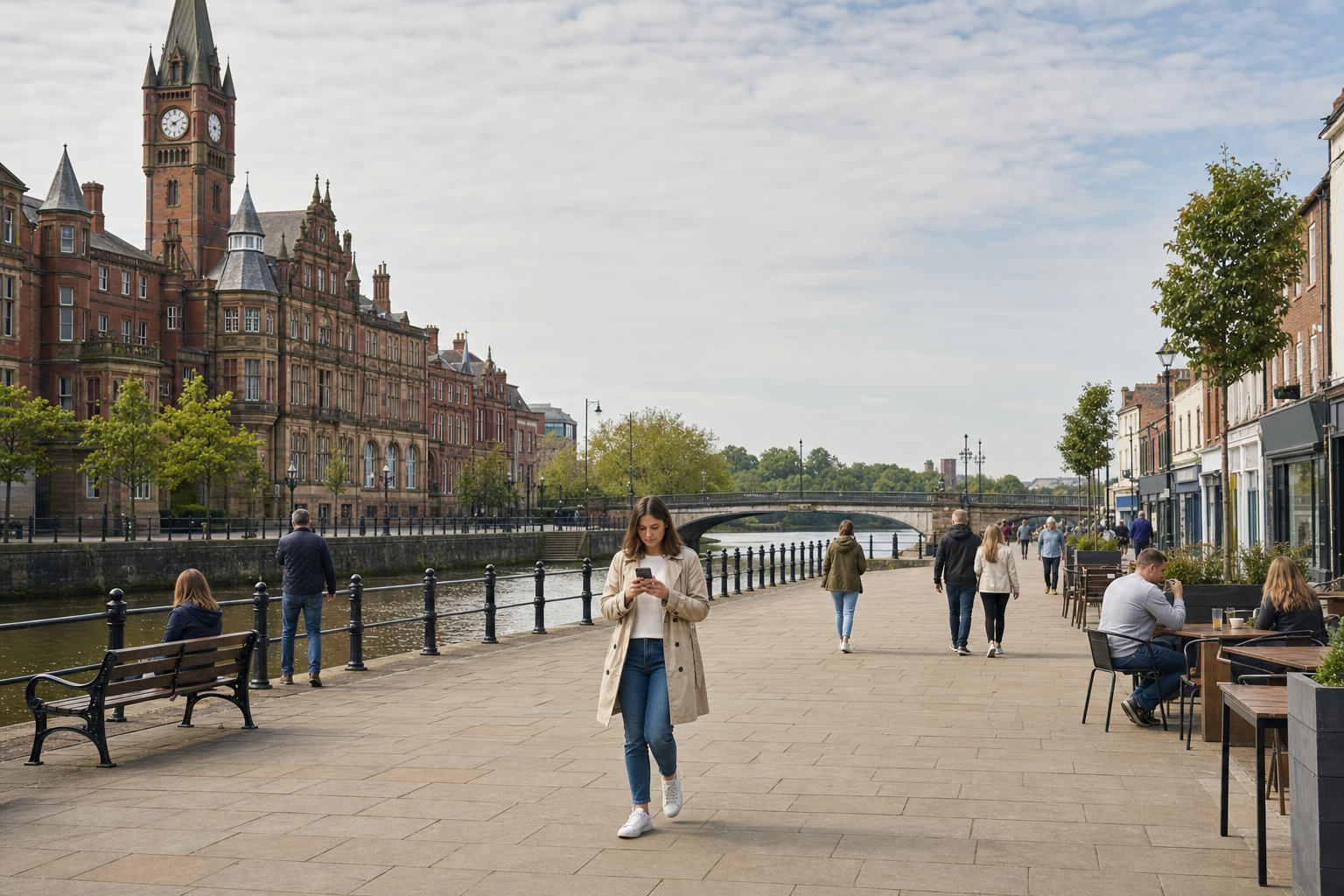 Woman walking along a riverside promenade with historic buildings and people sitting at outdoor cafés.