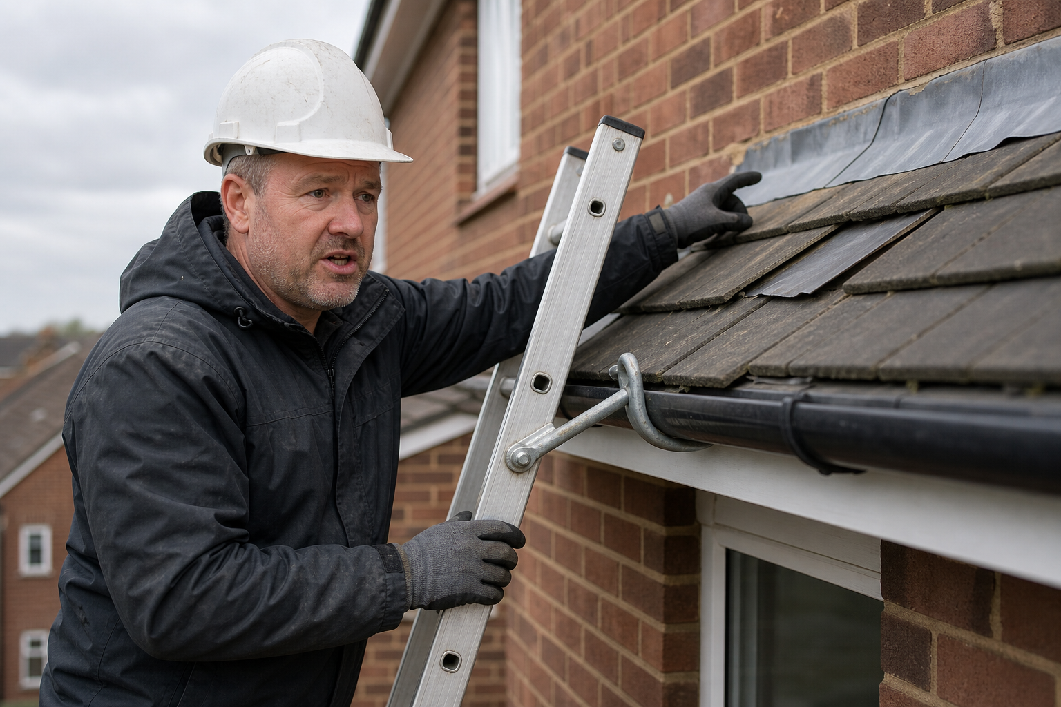 Construction worker in hard hat examines roof shingles while standing on a ladder next to a brick house.