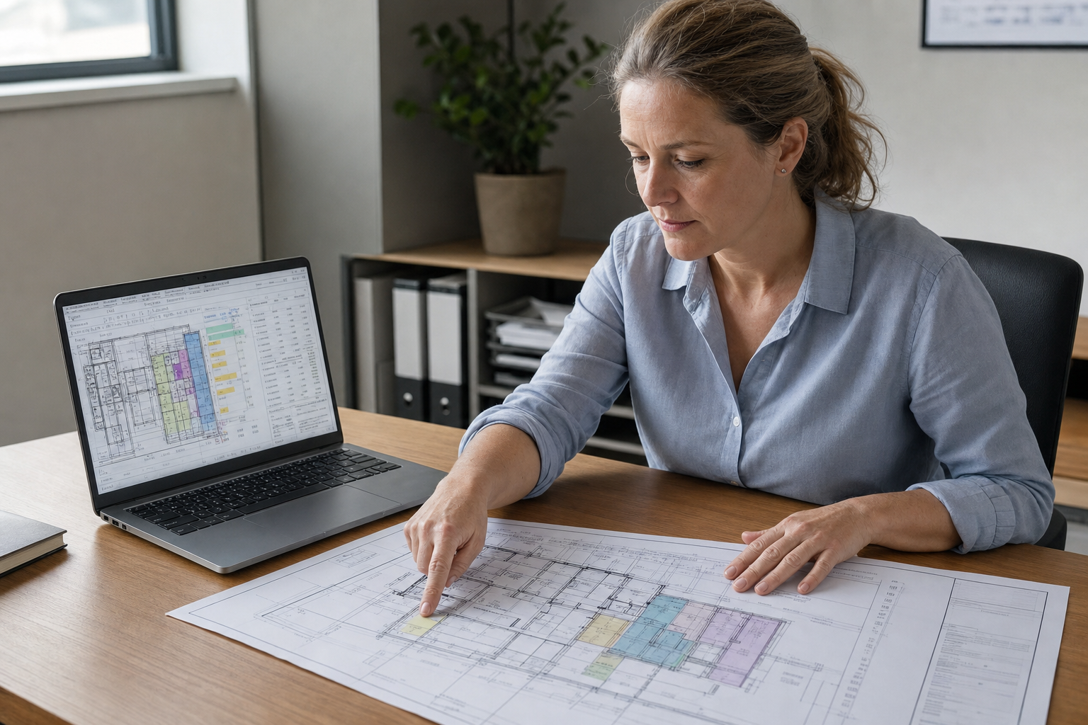 Woman analysing architectural plans at a desk with a laptop displaying similar designs.