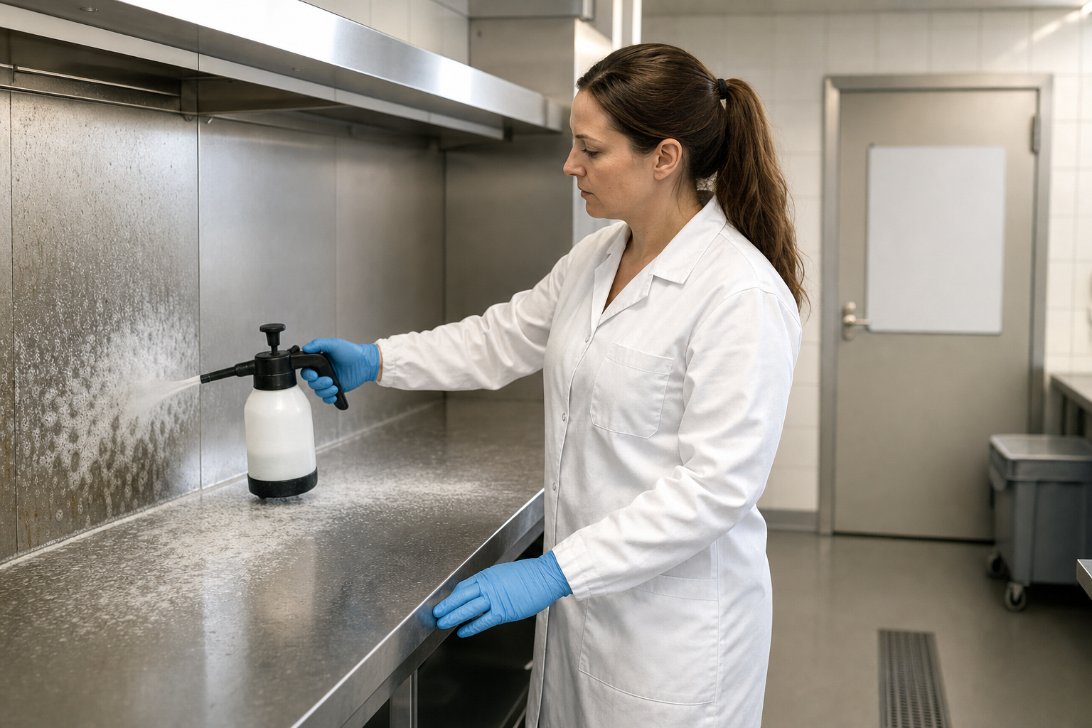 A woman in a lab coat and blue gloves sprays a stainless steel surface with a cleaning solution in a commercial kitchen.