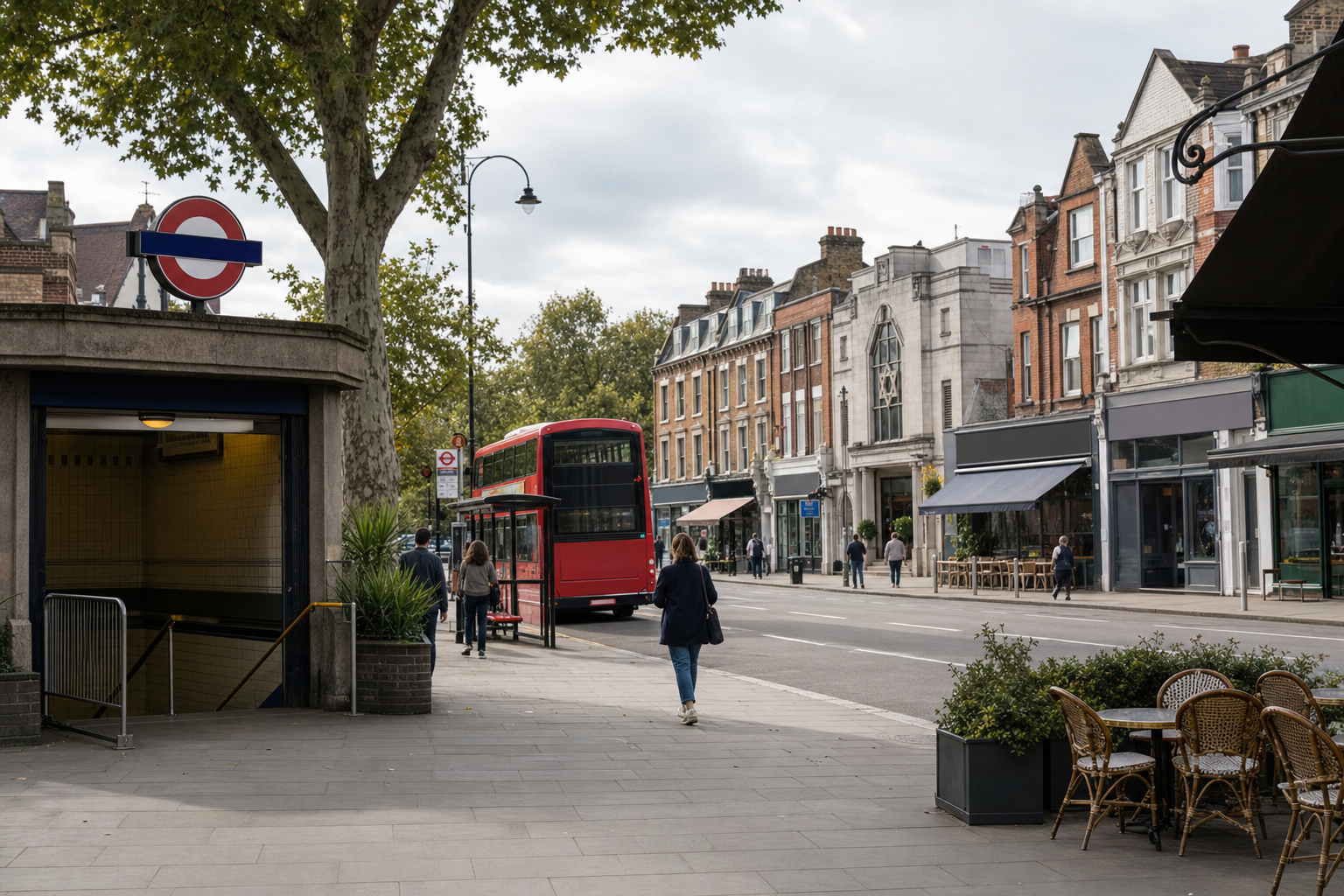 A red double-decker bus and pedestrians on a London street with shops and a Tube entrance nearby.