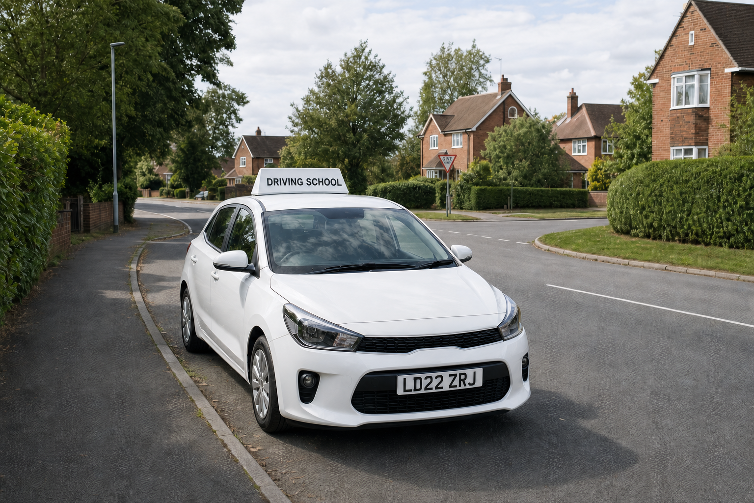 White driving school car parked on a residential street with houses and greenery in the background.