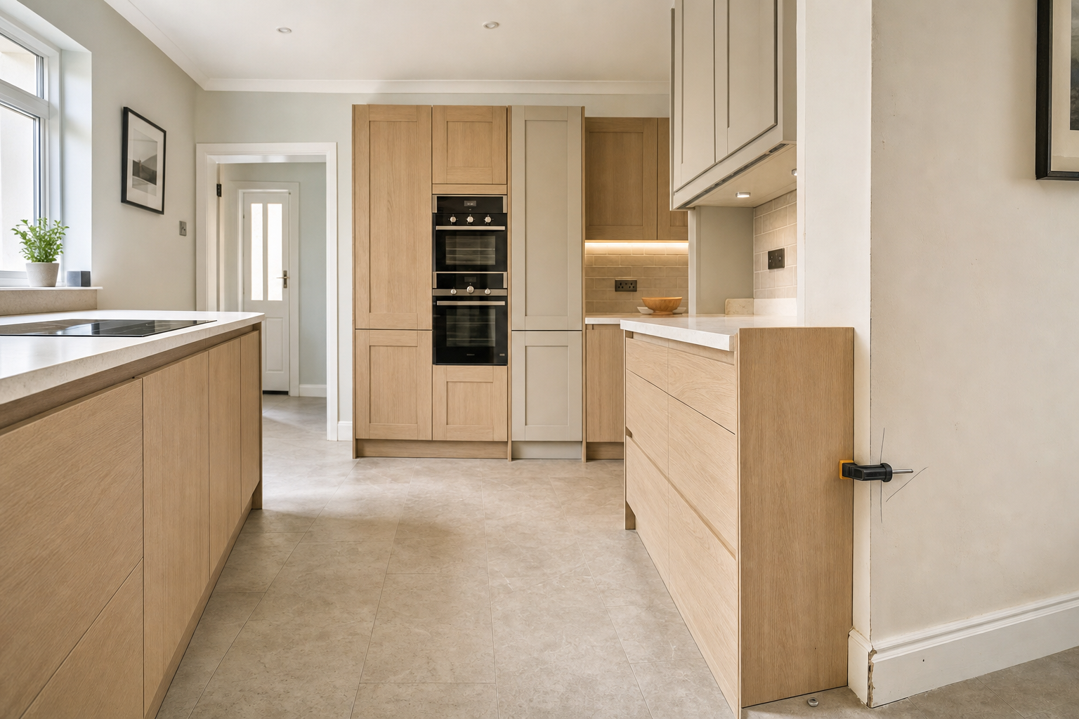 Modern kitchen interior with wooden cabinets, integrated appliances, and a minimalist design.