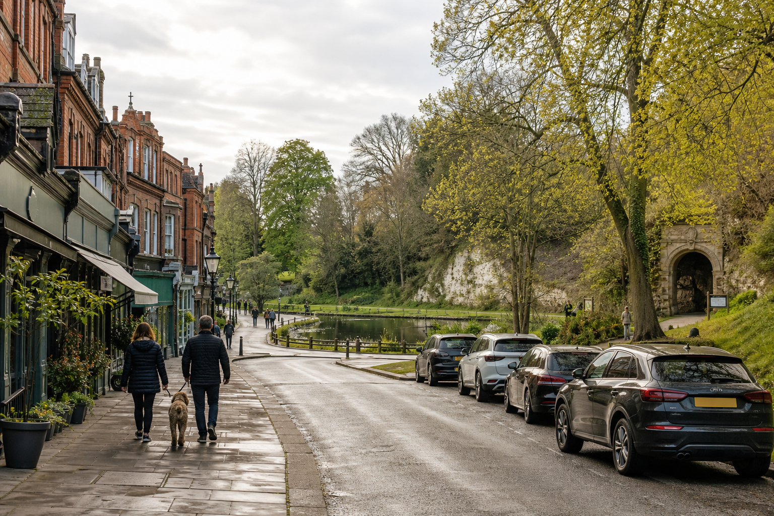 Pedestrians walk a dog on a tree-lined street near parked cars and a pond, flanked by red-brick buildings and a historic archway.