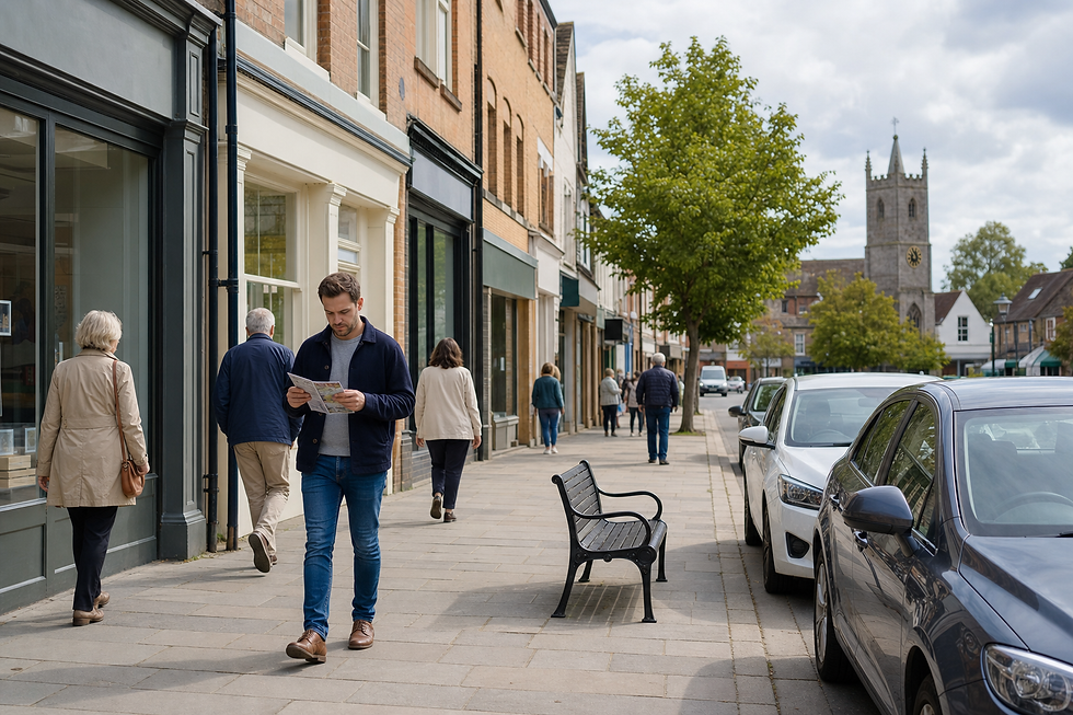A man reads a map while walking along a bustling street with parked cars and a historic church in the background.