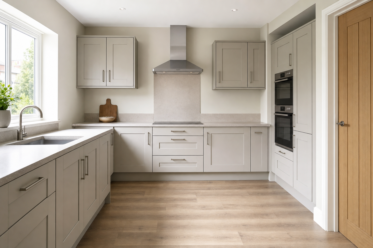 Modern kitchen with grey cabinets, stainless steel appliances, wooden flooring, and a large window.