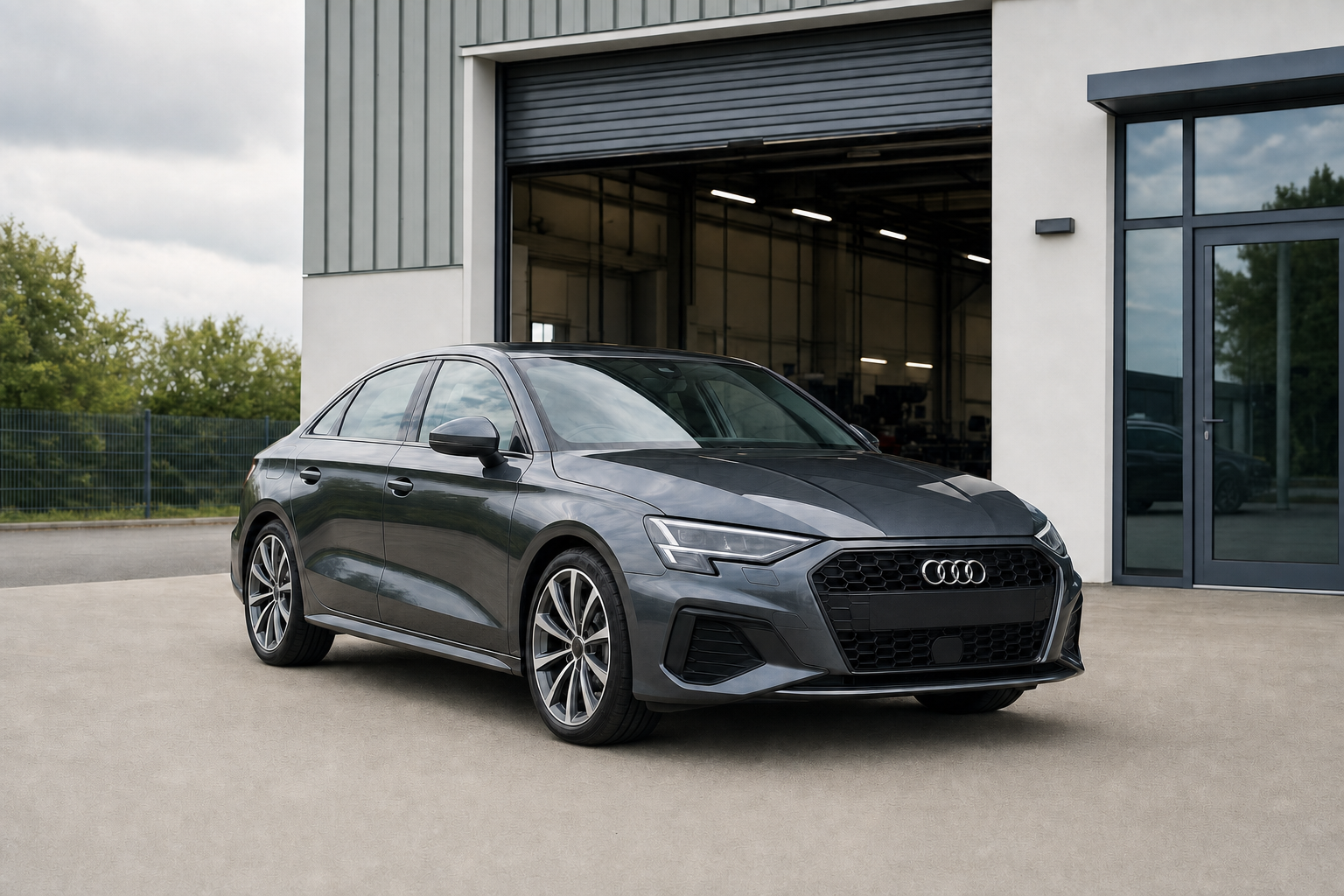 A sleek black car parked outside a modern industrial building with an open garage door.