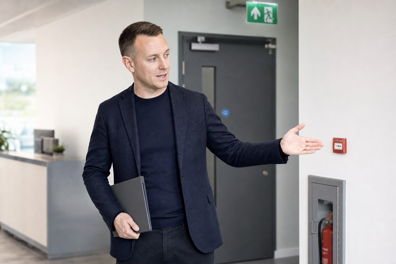 A man in a dark blazer gestures with his hand while holding a laptop in a modern office setting.