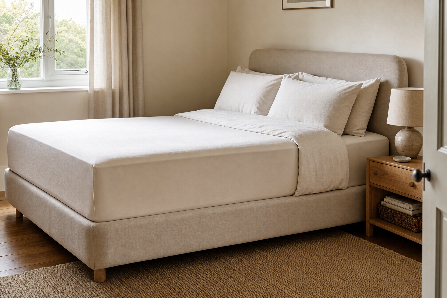 A neatly made bed with beige bedding sits in a softly lit, minimalist bedroom with a wooden nightstand.