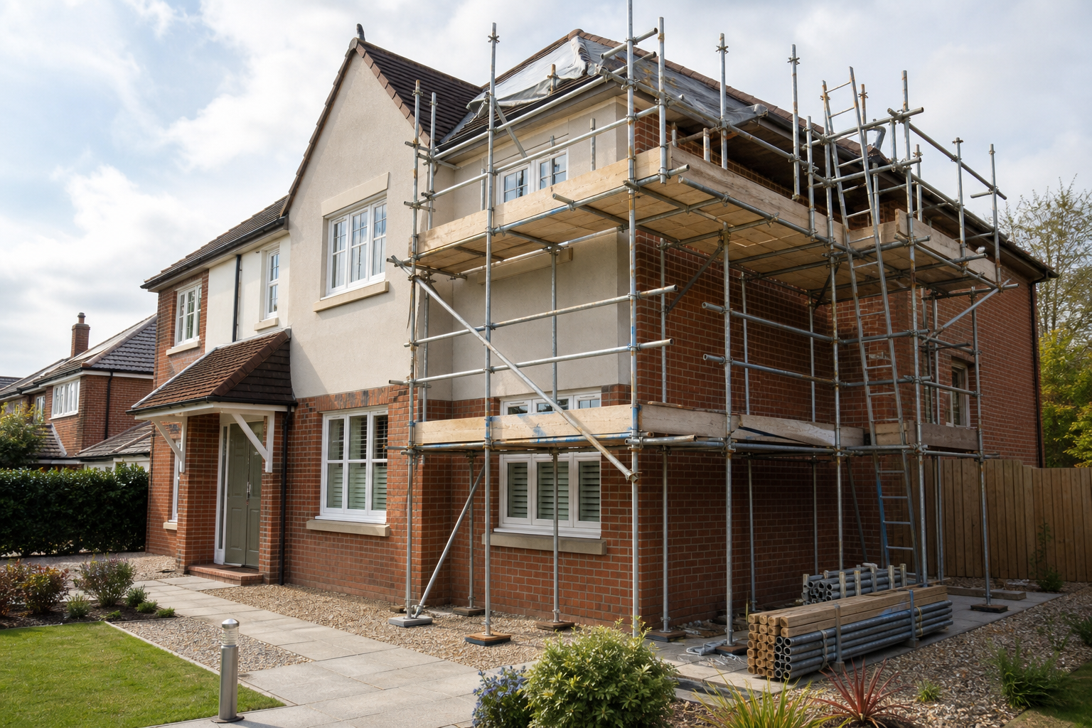 Two-story house with scaffolding on the side under a sunny sky.