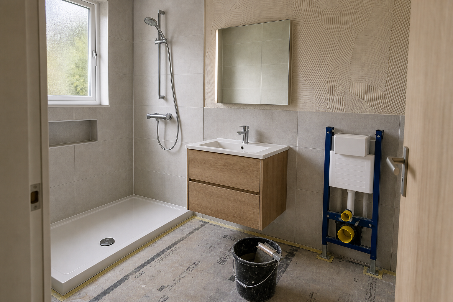 Modern bathroom under renovation with a tiled shower area, floating vanity, and exposed plumbing next to a bucket on the floor.