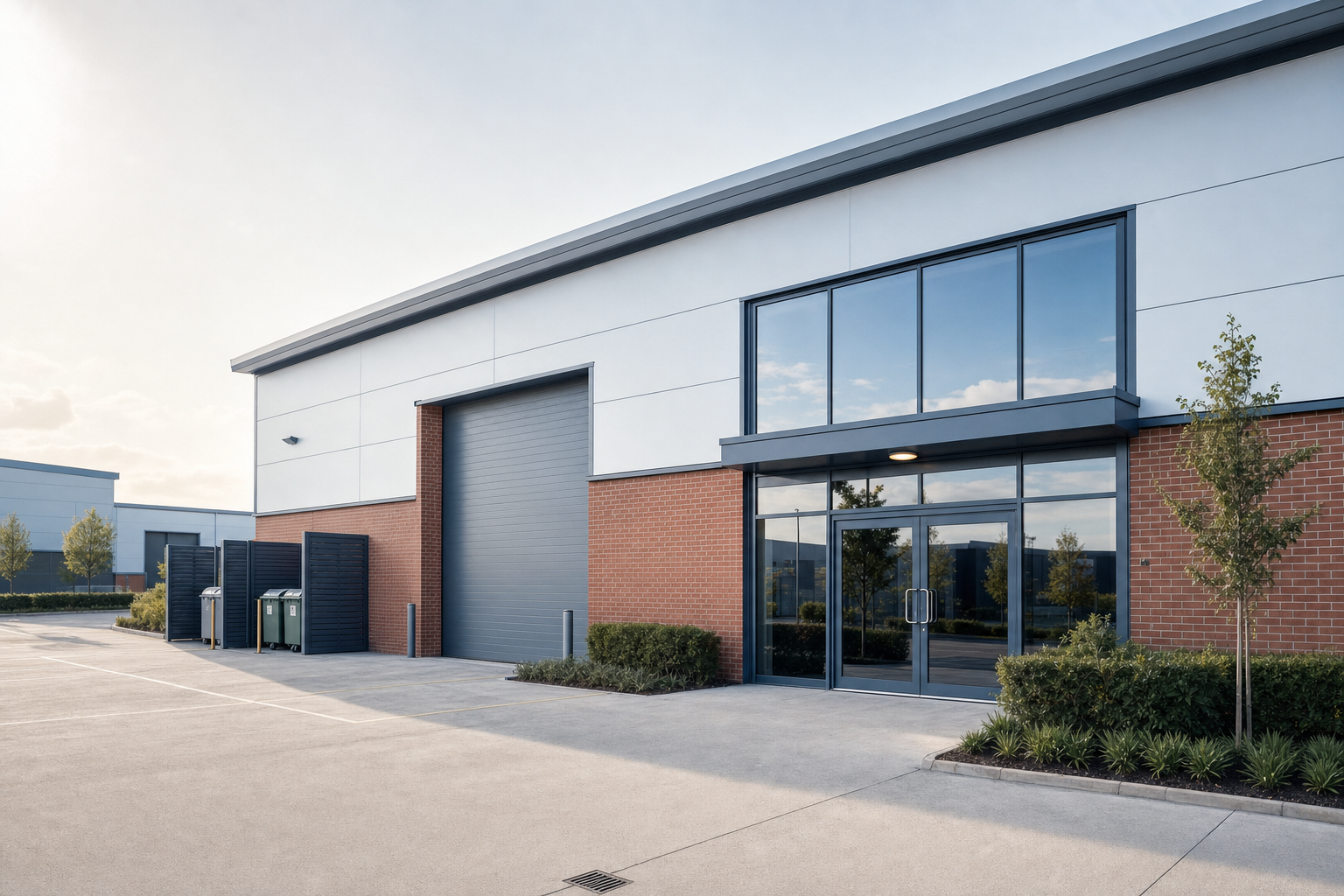 Modern industrial building with large windows, red brick walls, and a roller shutter door under a clear sky.