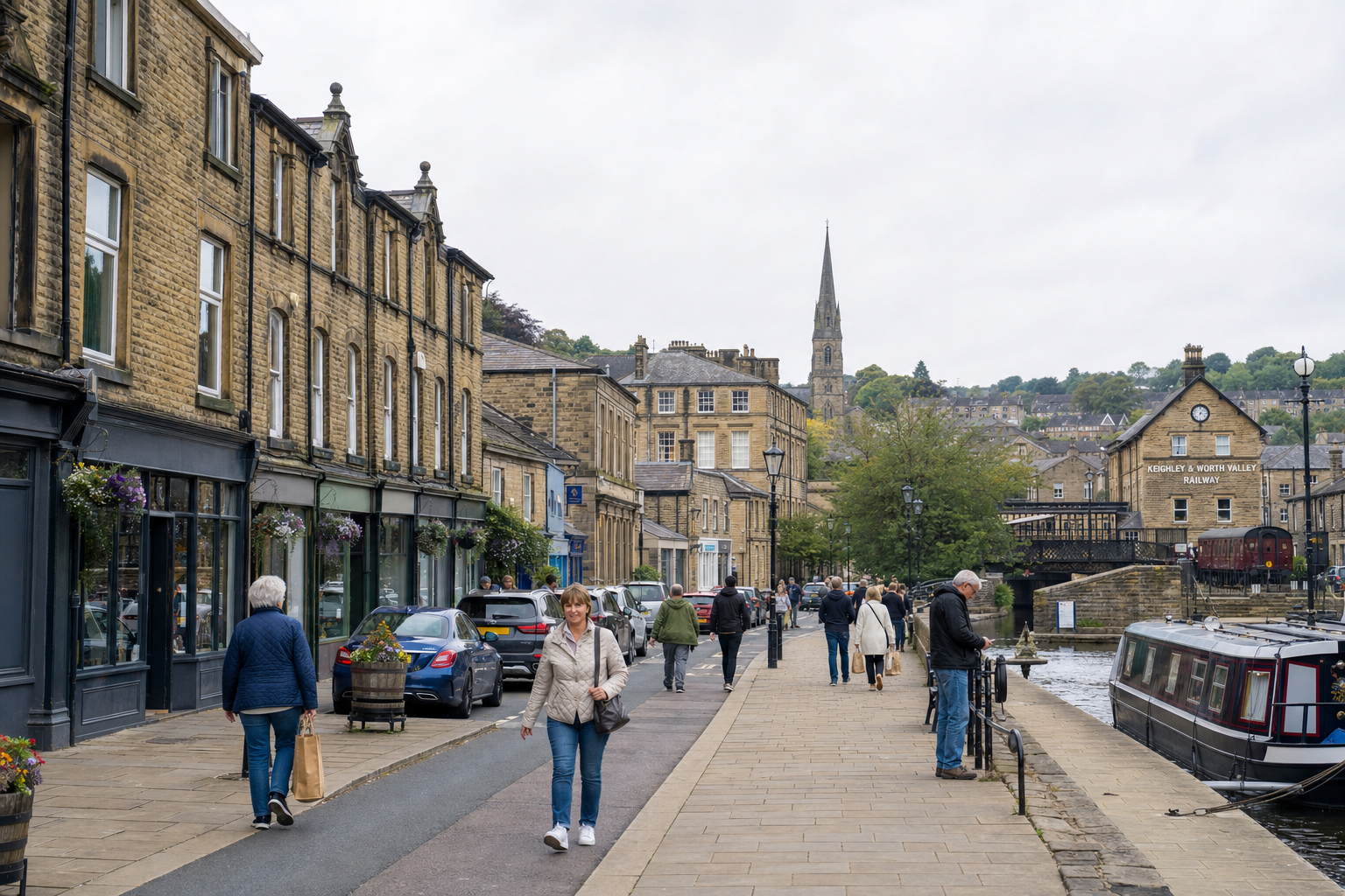 A bustling canal-side street scene in a quaint British town with historic stone buildings and a distant church spire.