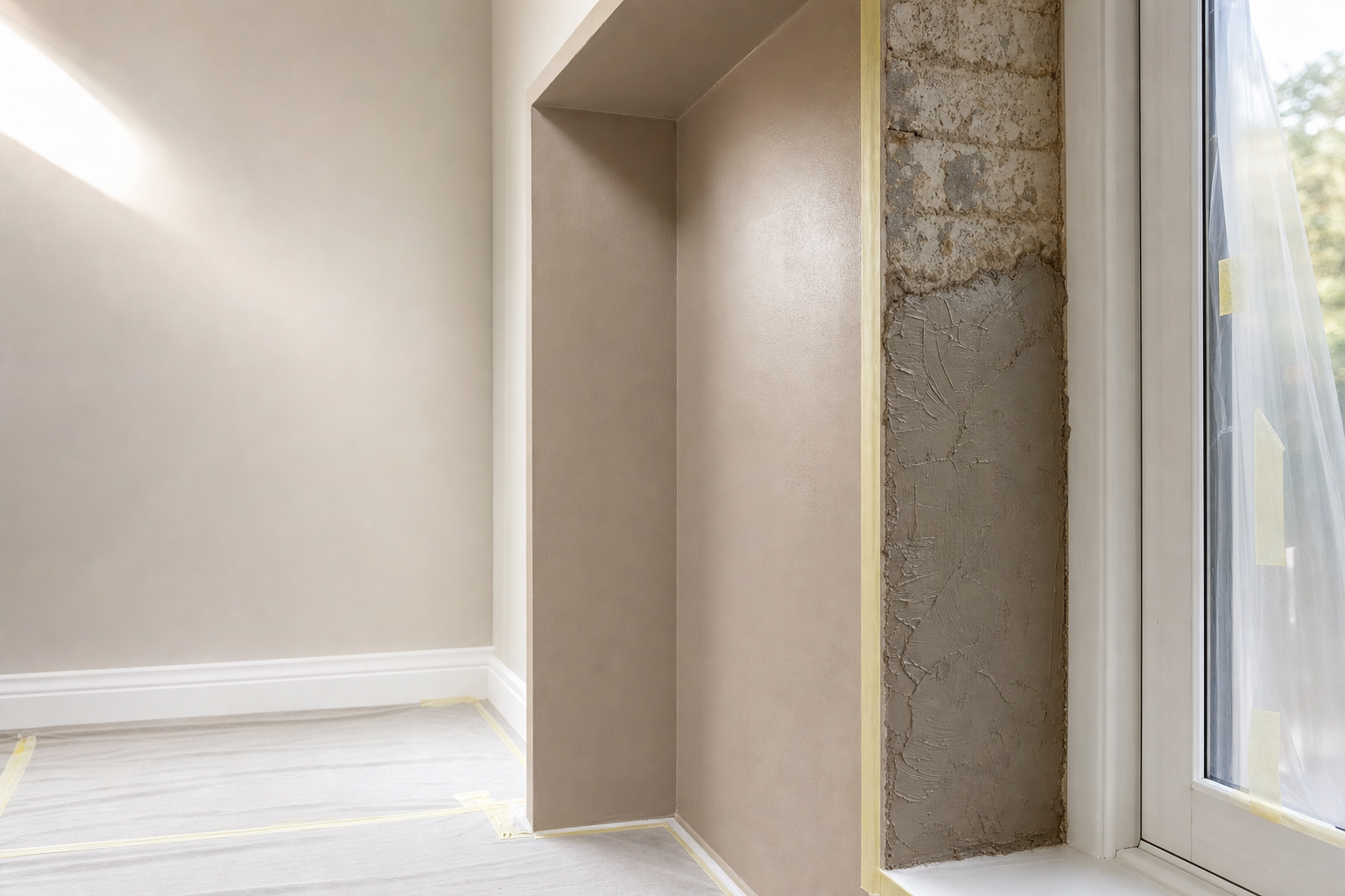 A partially plastered interior wall with visible construction tape and an adjacent window.