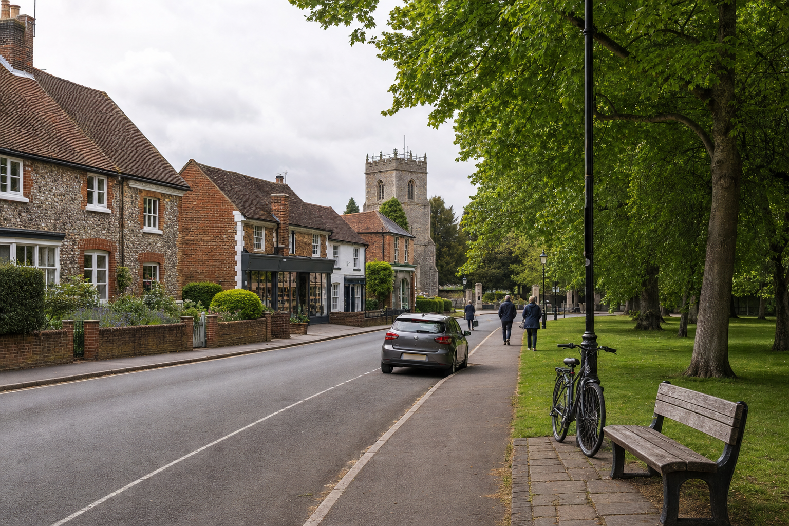 A quiet street in a quaint village with stone houses, a church tower, and a bench by a tree-lined path.