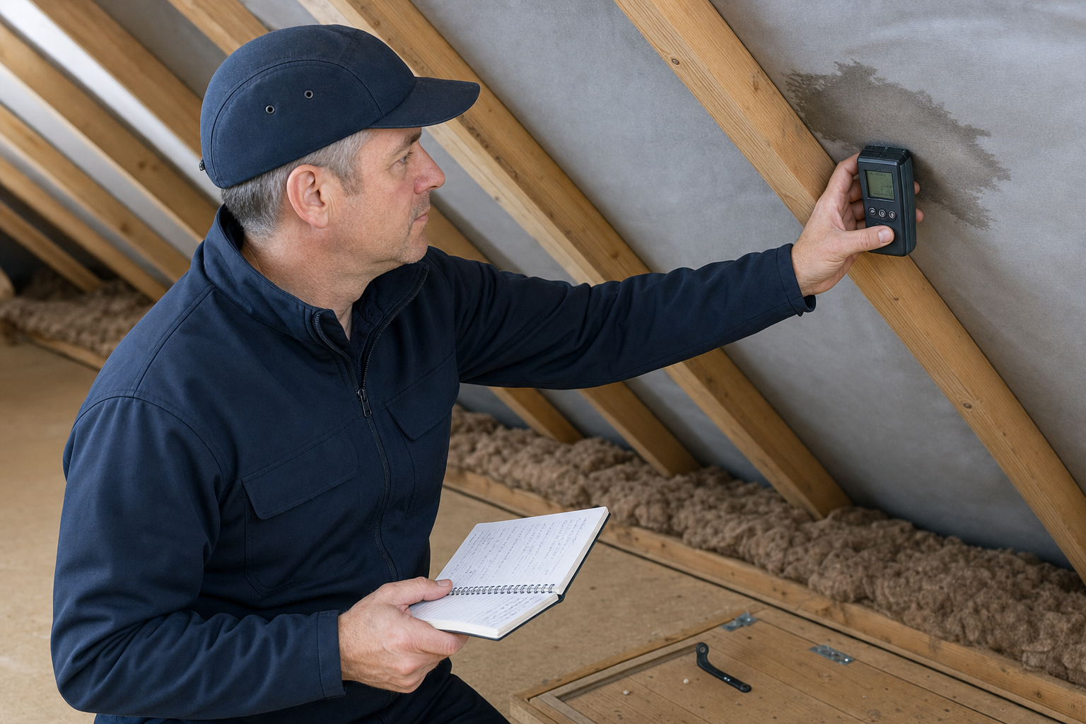 Man in a cap using a moisture meter on a damp wall in an attic, holding a notebook.