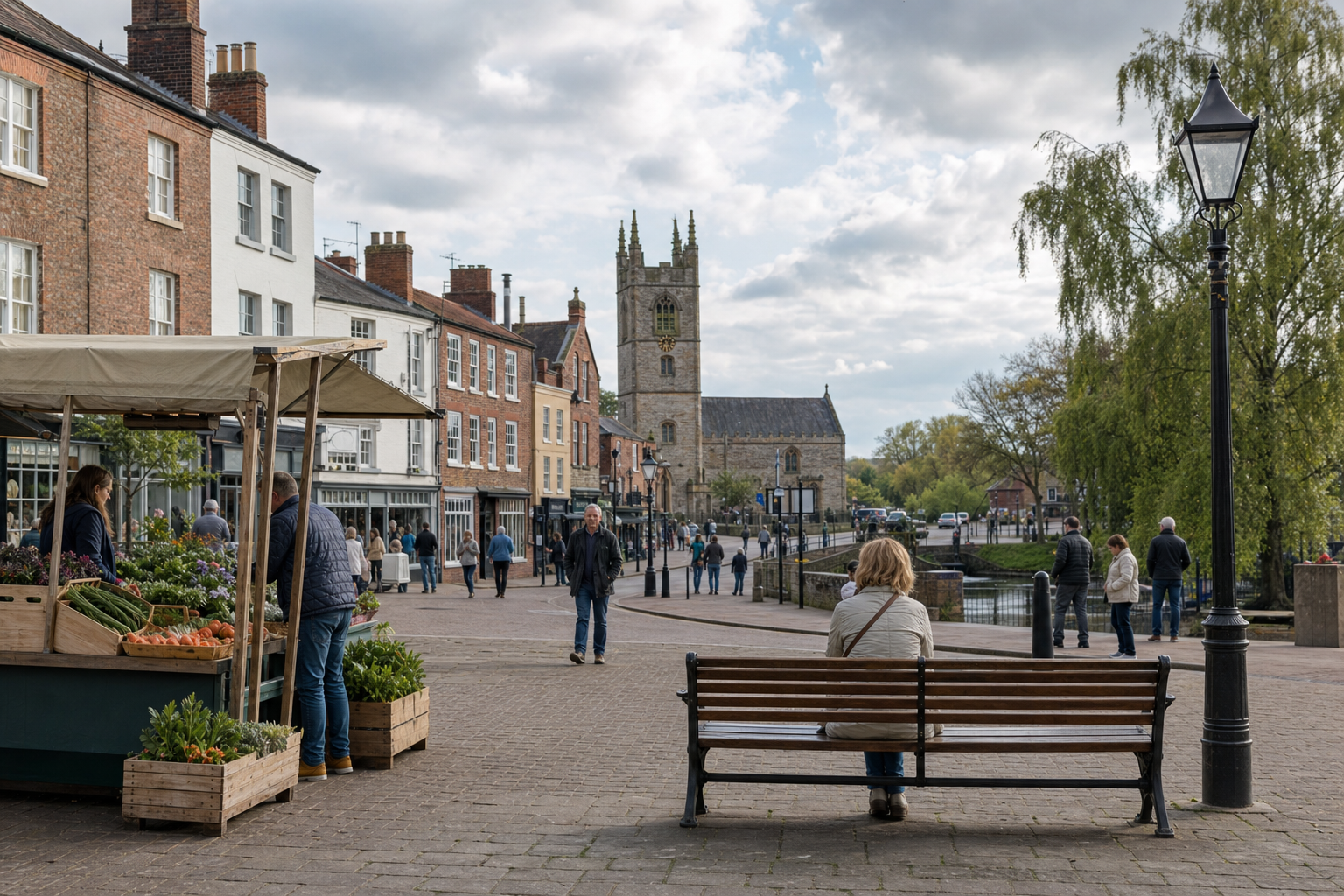 A bustling street market scene with people walking near historic buildings and a church in the background.
