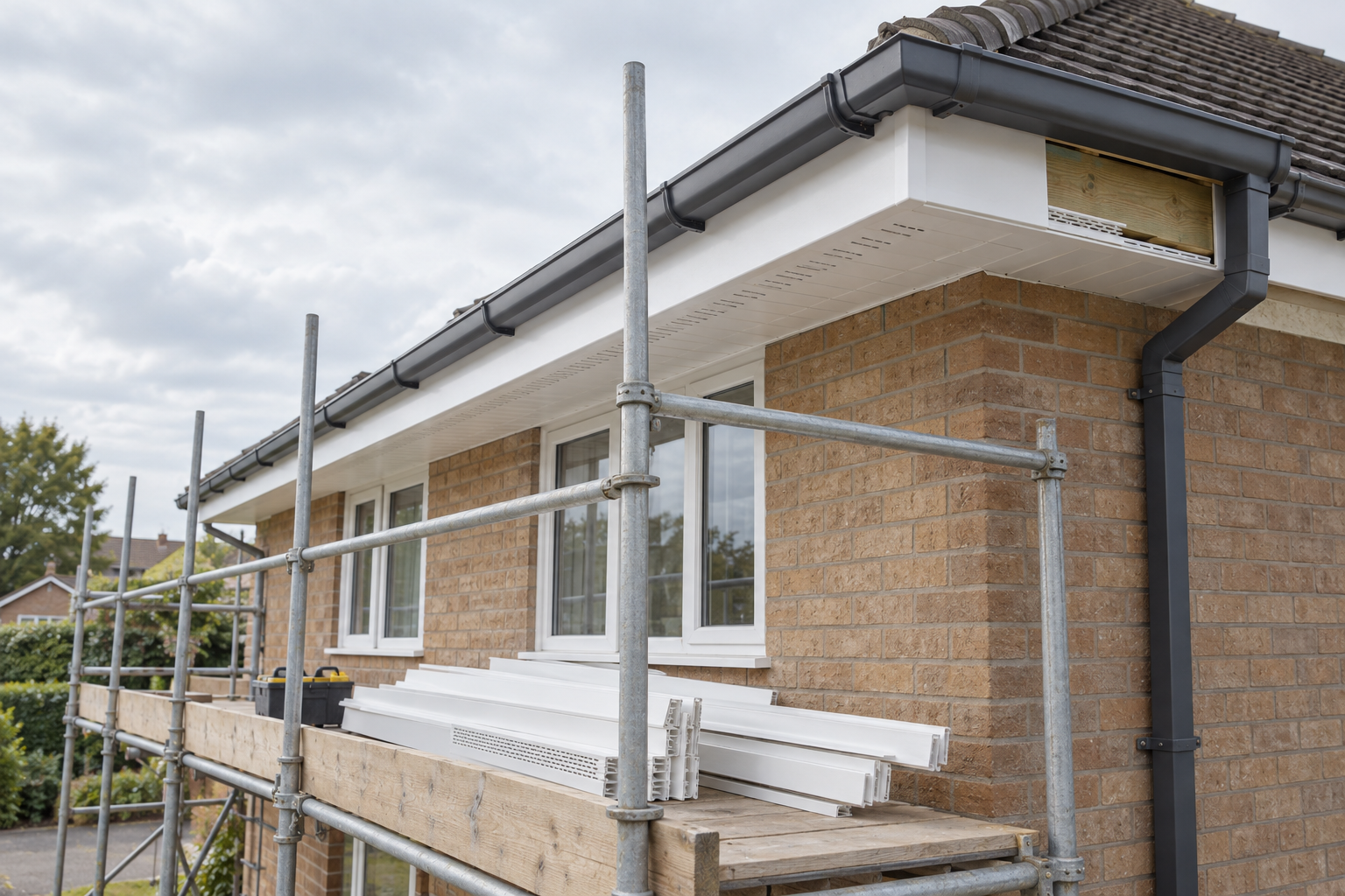 Scaffolding set up around a brick house for fascia and soffit installation under a cloudy sky.