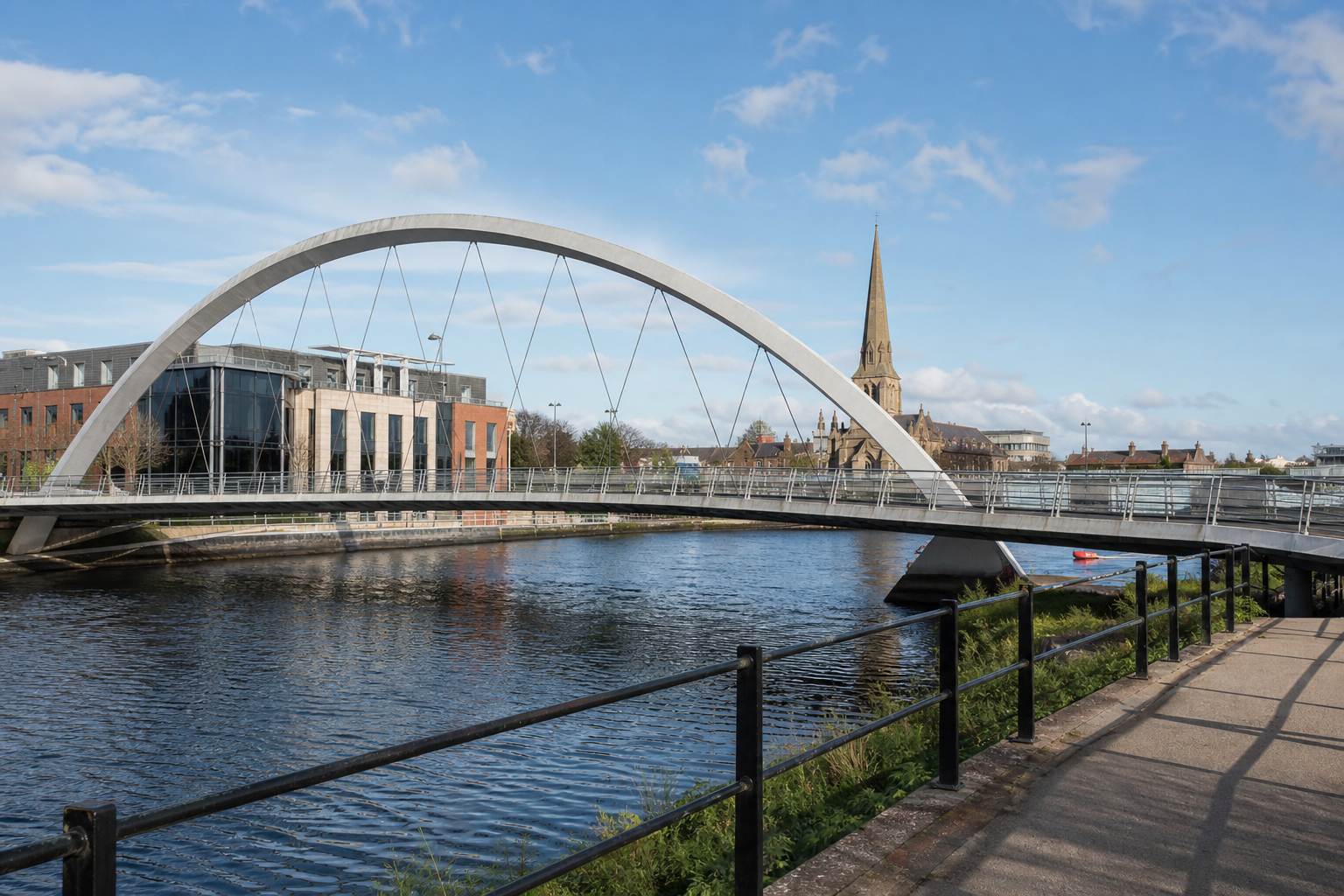 Modern arch bridge over a river with a church spire in the background under a blue sky.