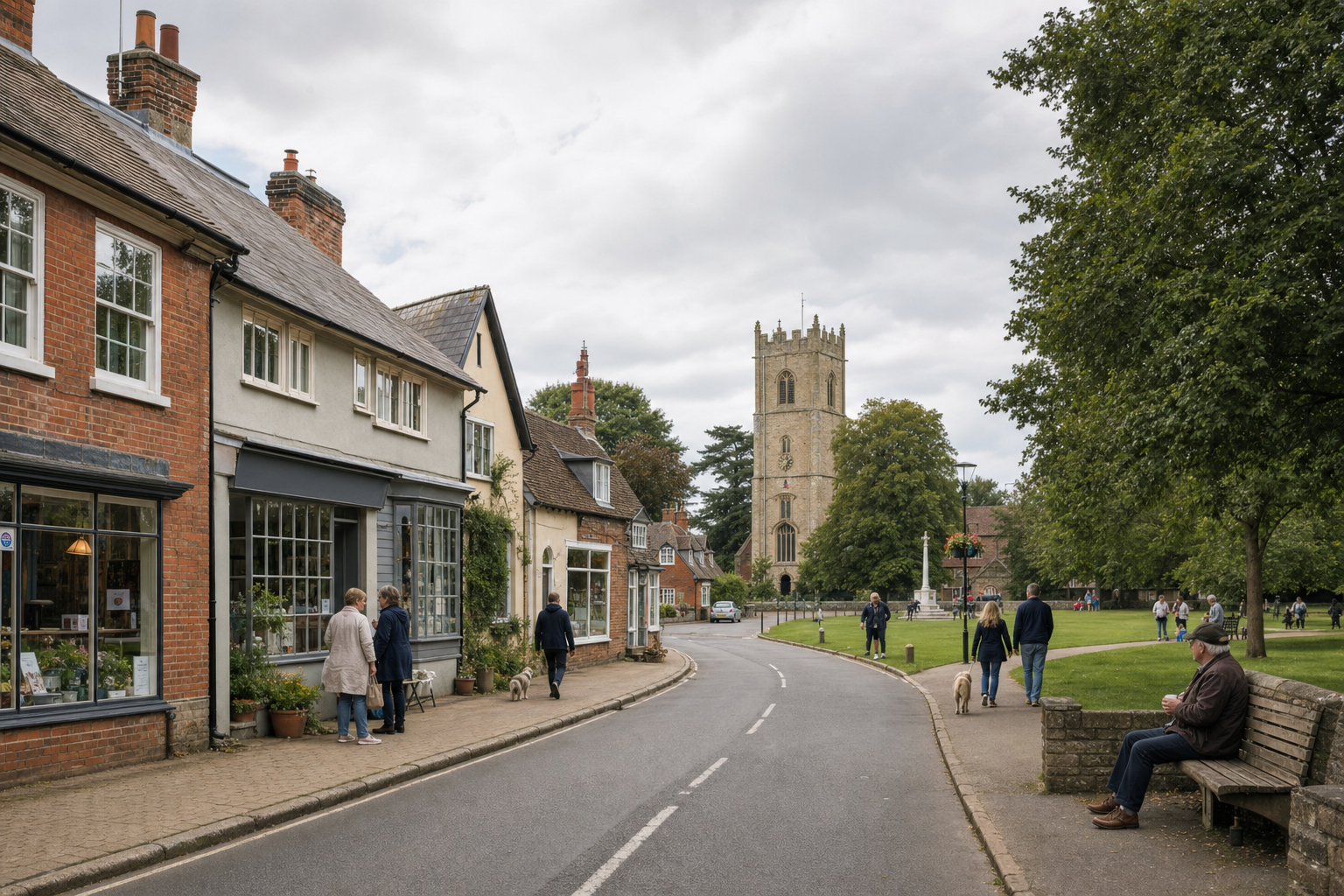 A quiet village street with people walking and a church tower in the background.