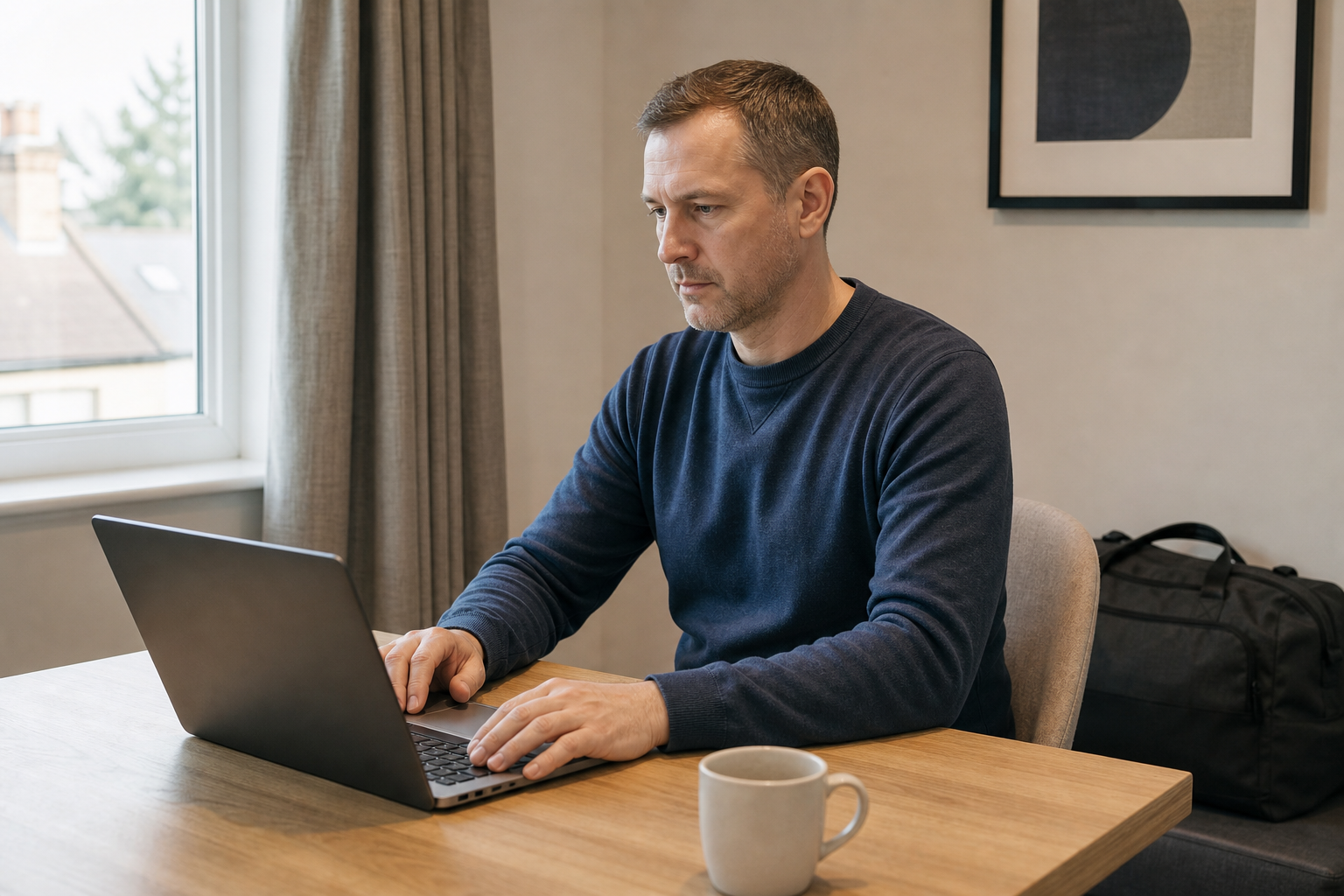 Man in a blue jumper using a laptop at a table with a mug and a window in the background.
