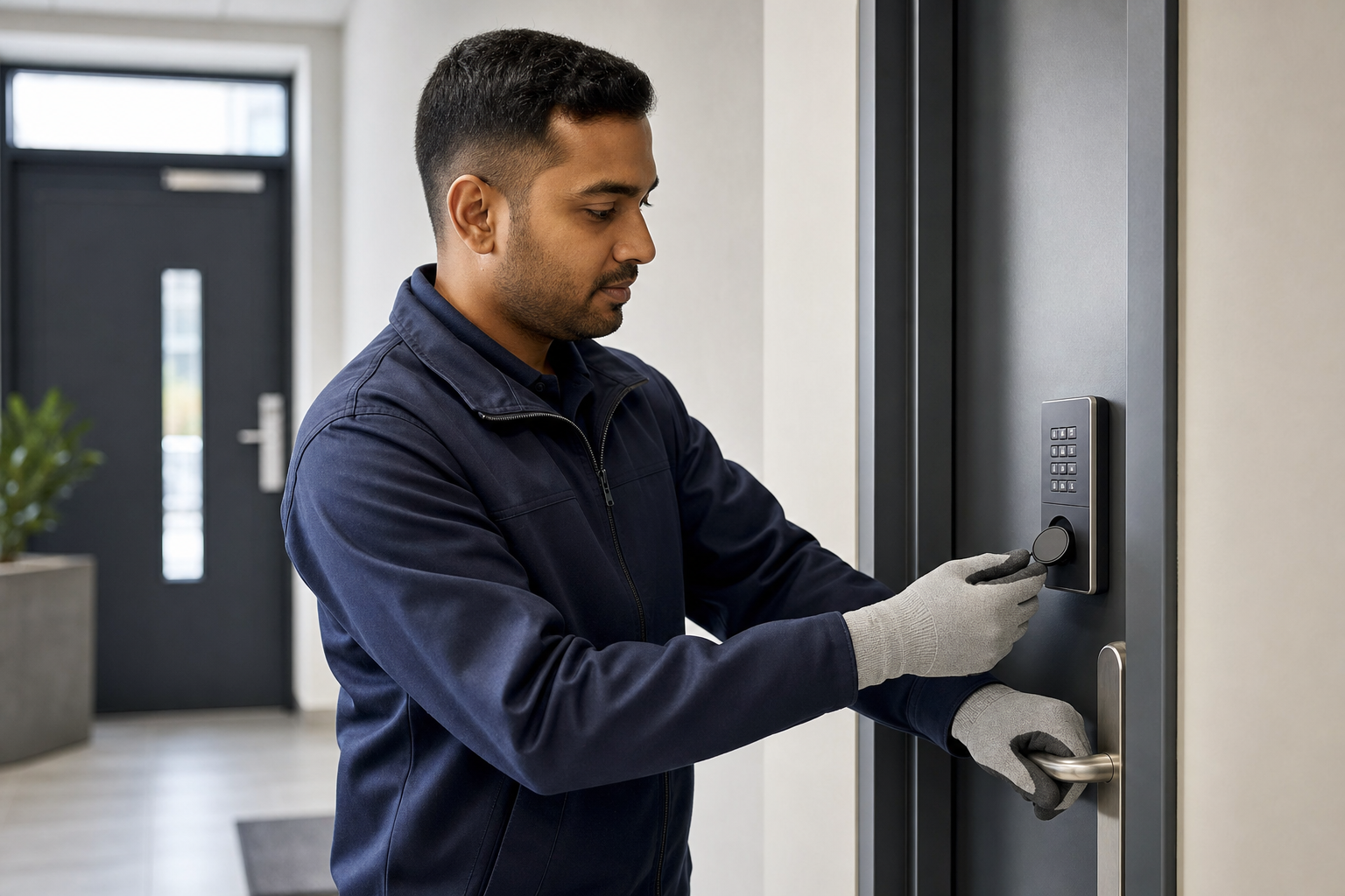 Man in a blue jacket and gloves using a key card on a digital door lock in a modern building entrance.